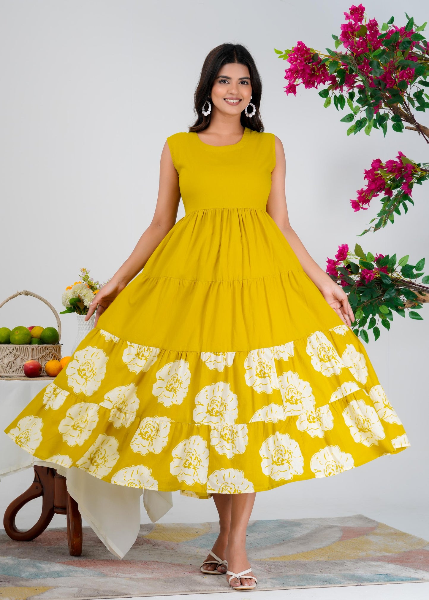 Floral Printed Regular Sleeves Cotton Mustard Dresses With Jacket