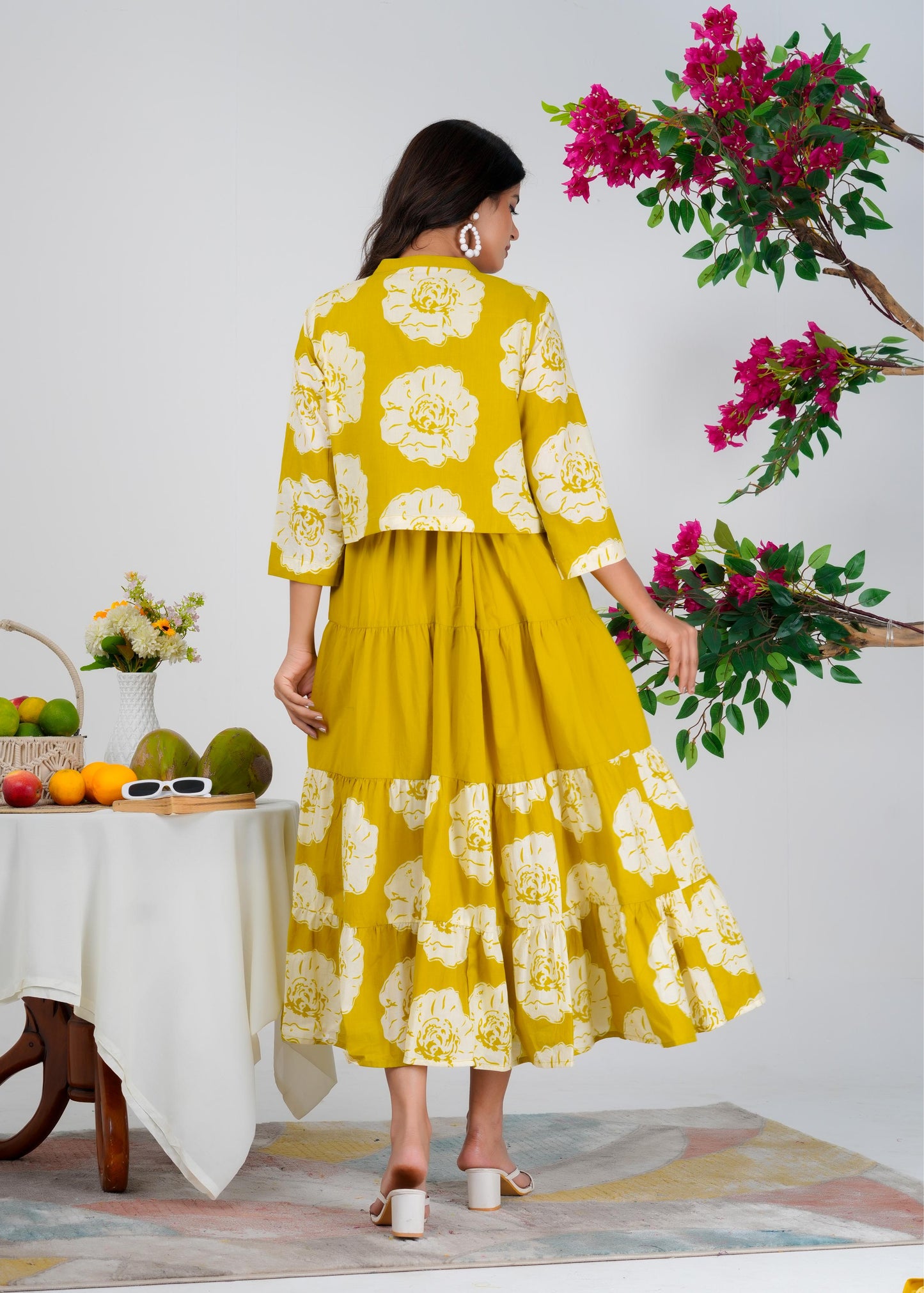 Floral Printed Regular Sleeves Cotton Mustard Dresses With Jacket
