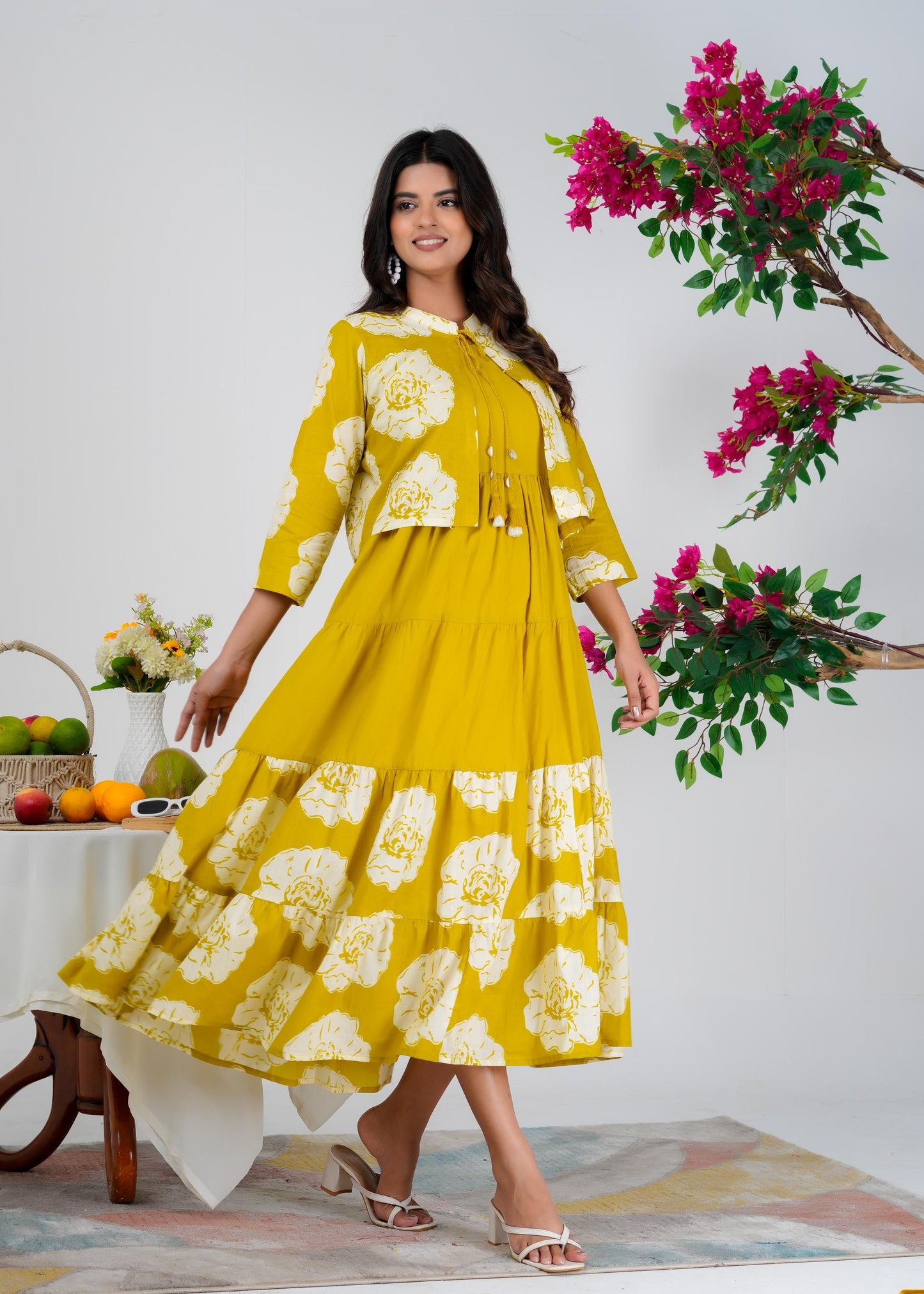 Floral Printed Regular Sleeves Cotton Mustard Dresses With Jacket