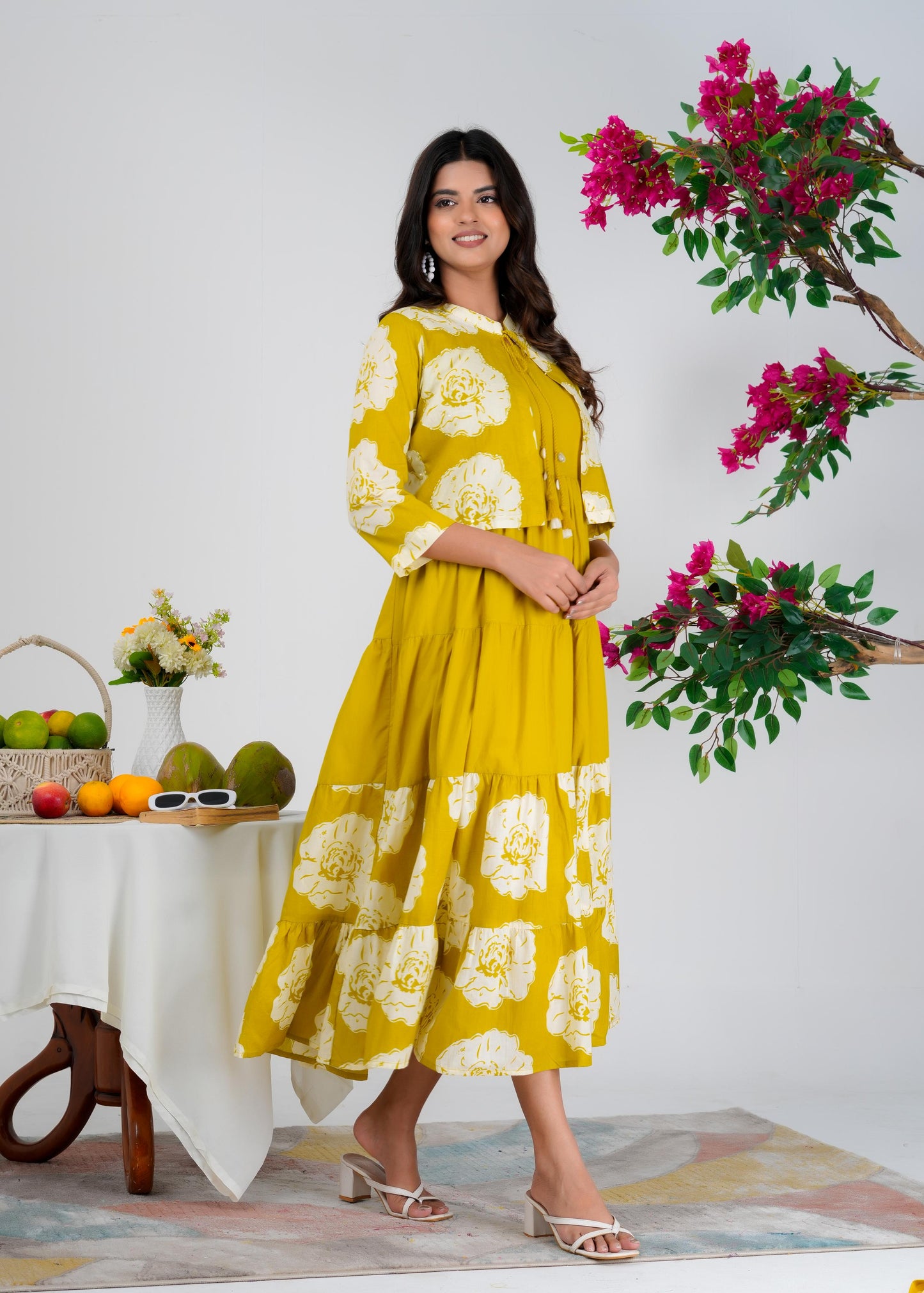 Floral Printed Regular Sleeves Cotton Mustard Dresses With Jacket