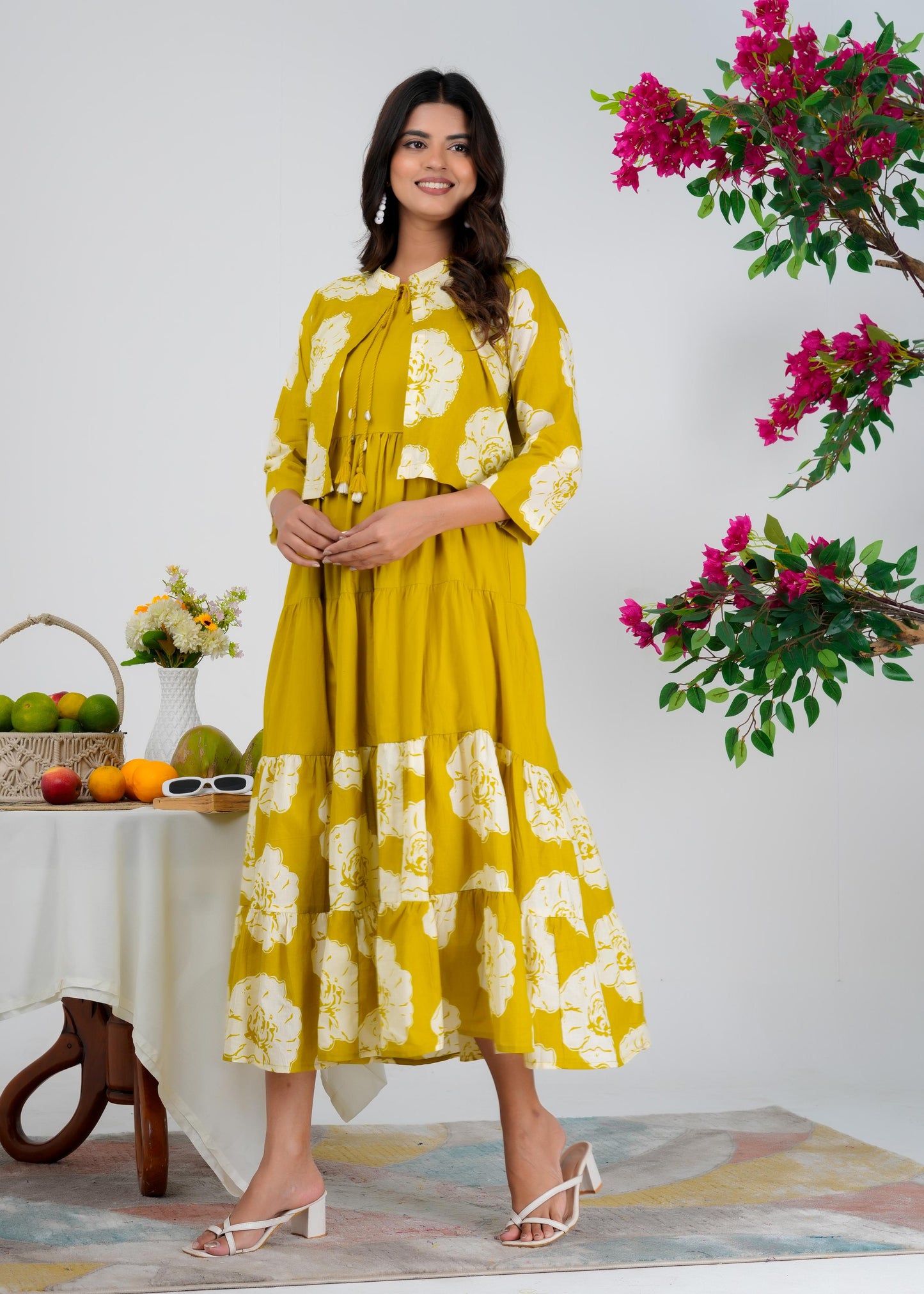 Floral Printed Regular Sleeves Cotton Mustard Dresses With Jacket