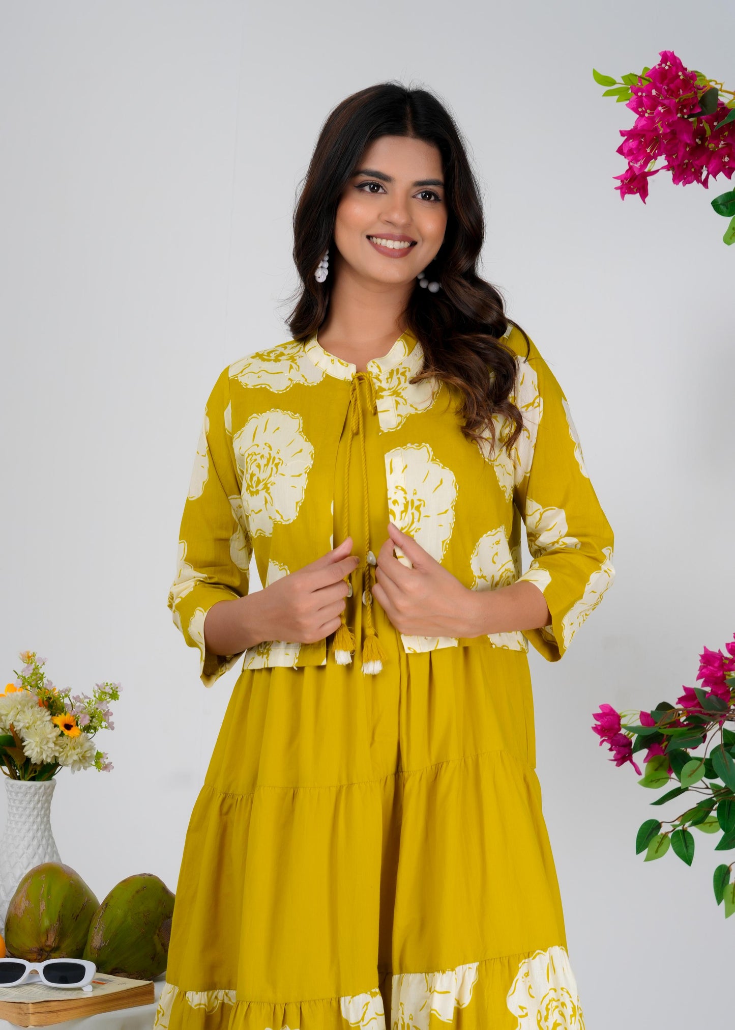 Floral Printed Regular Sleeves Cotton Mustard Dresses With Jacket
