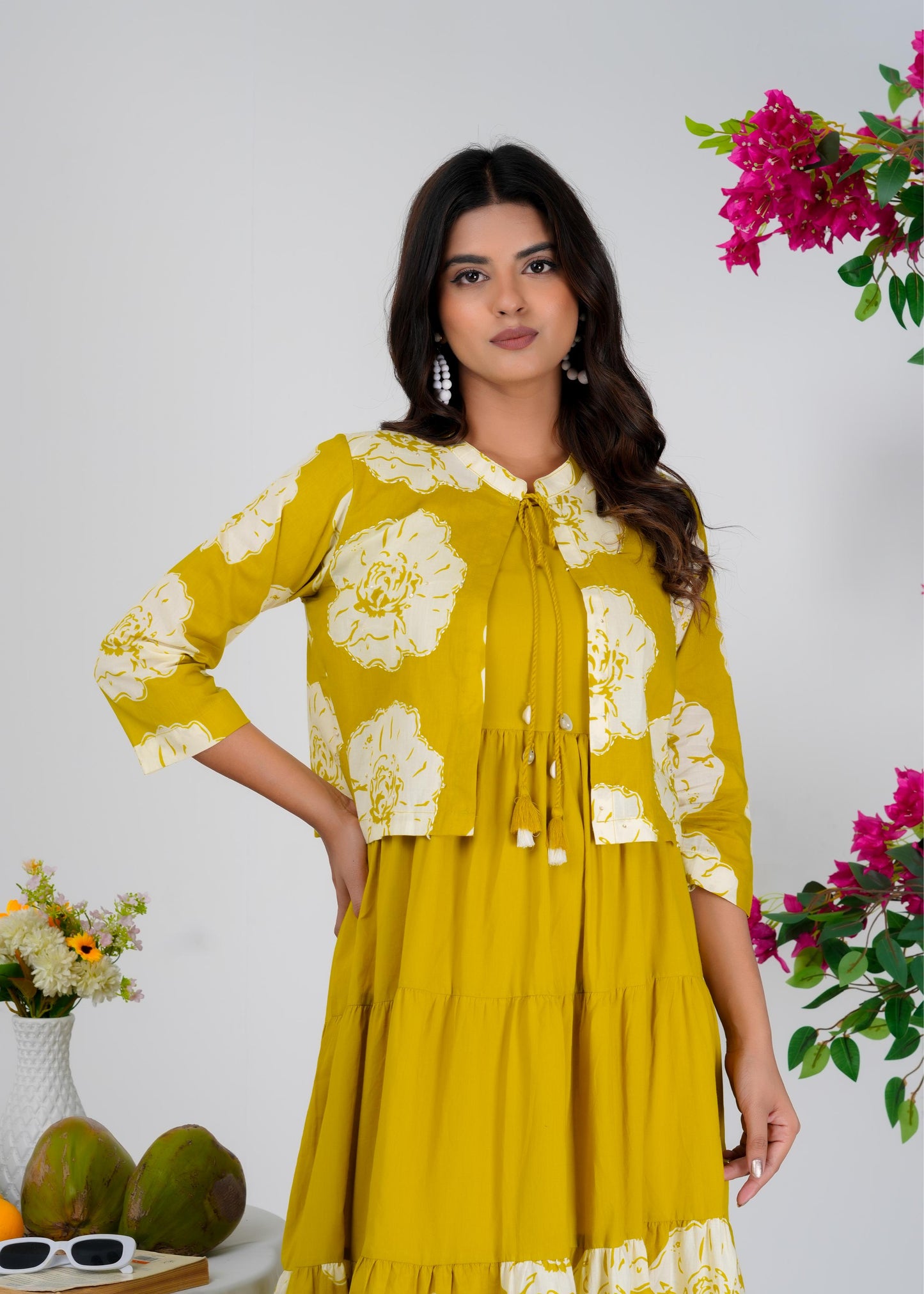 Floral Printed Regular Sleeves Cotton Mustard Dresses With Jacket