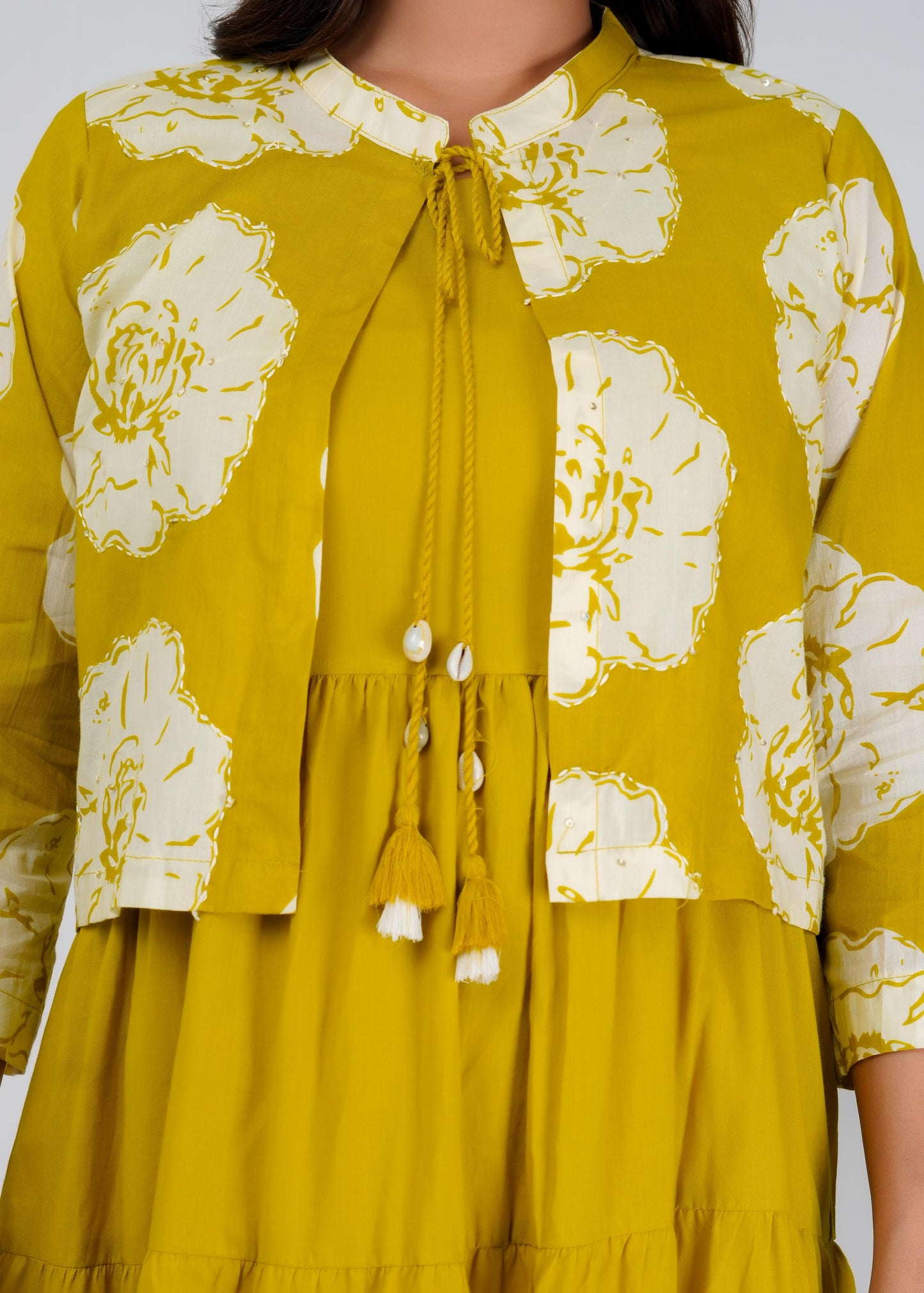 Floral Printed Regular Sleeves Cotton Mustard Dresses With Jacket