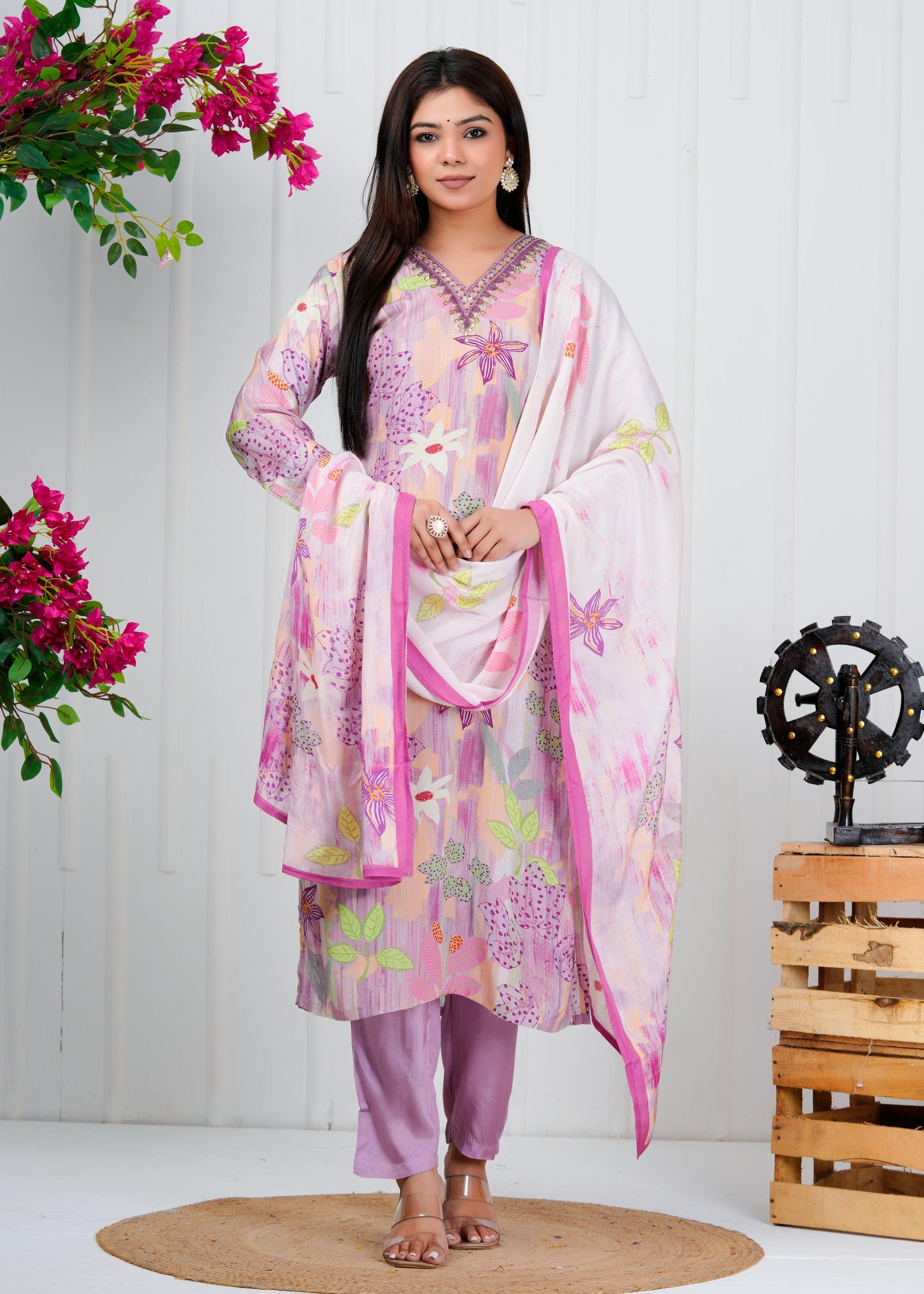 Cotton Floral Printed Straight Kurta Set With Dupatta