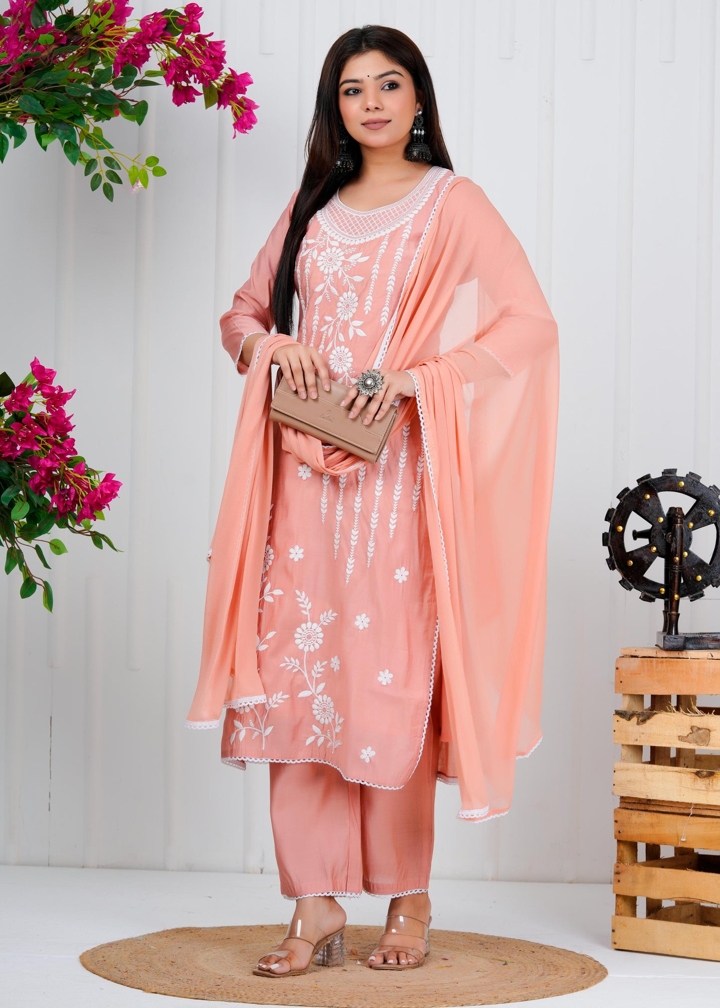 Cotton Floral Embroidered Straight Kurta Set With Dupatta