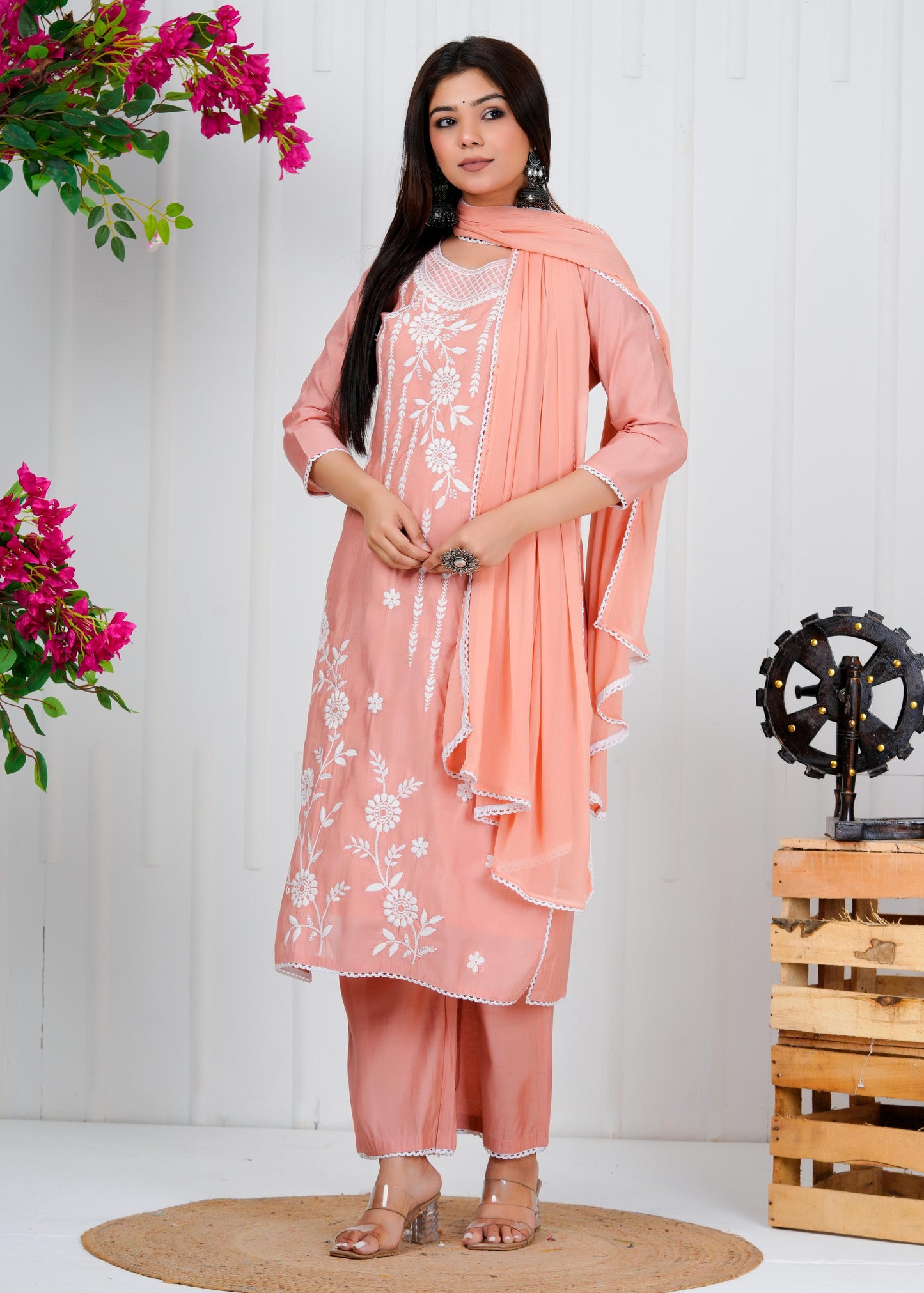 Cotton Floral Embroidered Straight Kurta Set With Dupatta
