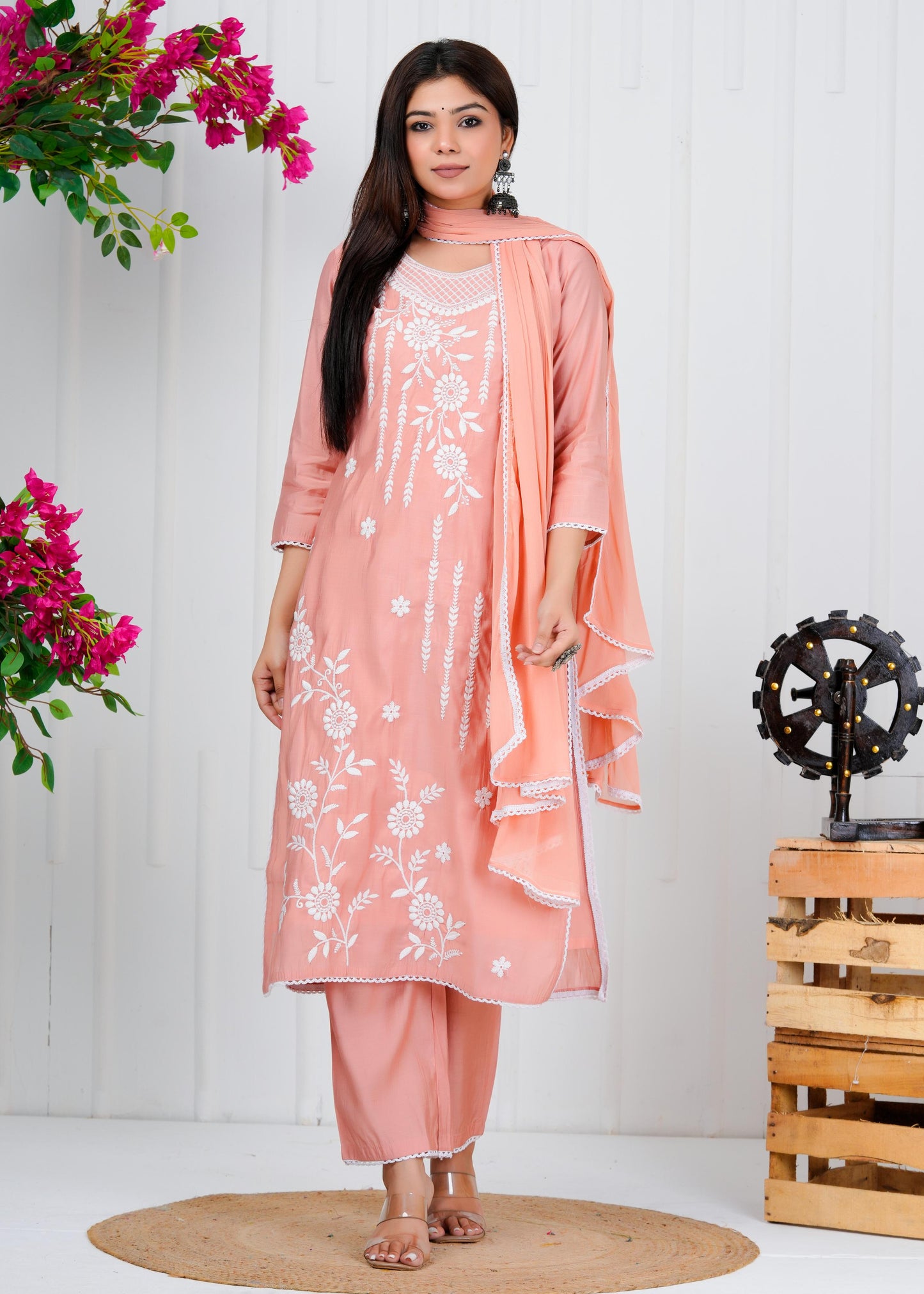 Cotton Floral Embroidered Straight Kurta Set With Dupatta