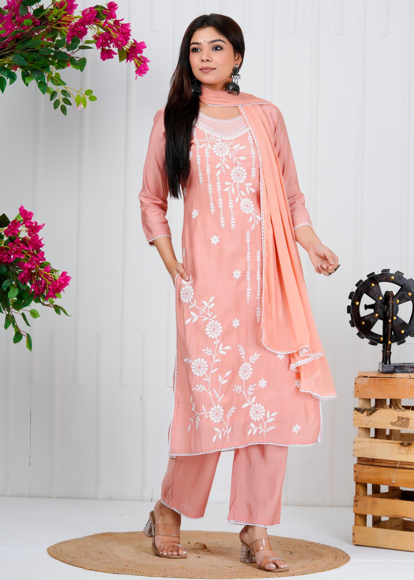 Cotton Floral Embroidered Straight Kurta Set With Dupatta