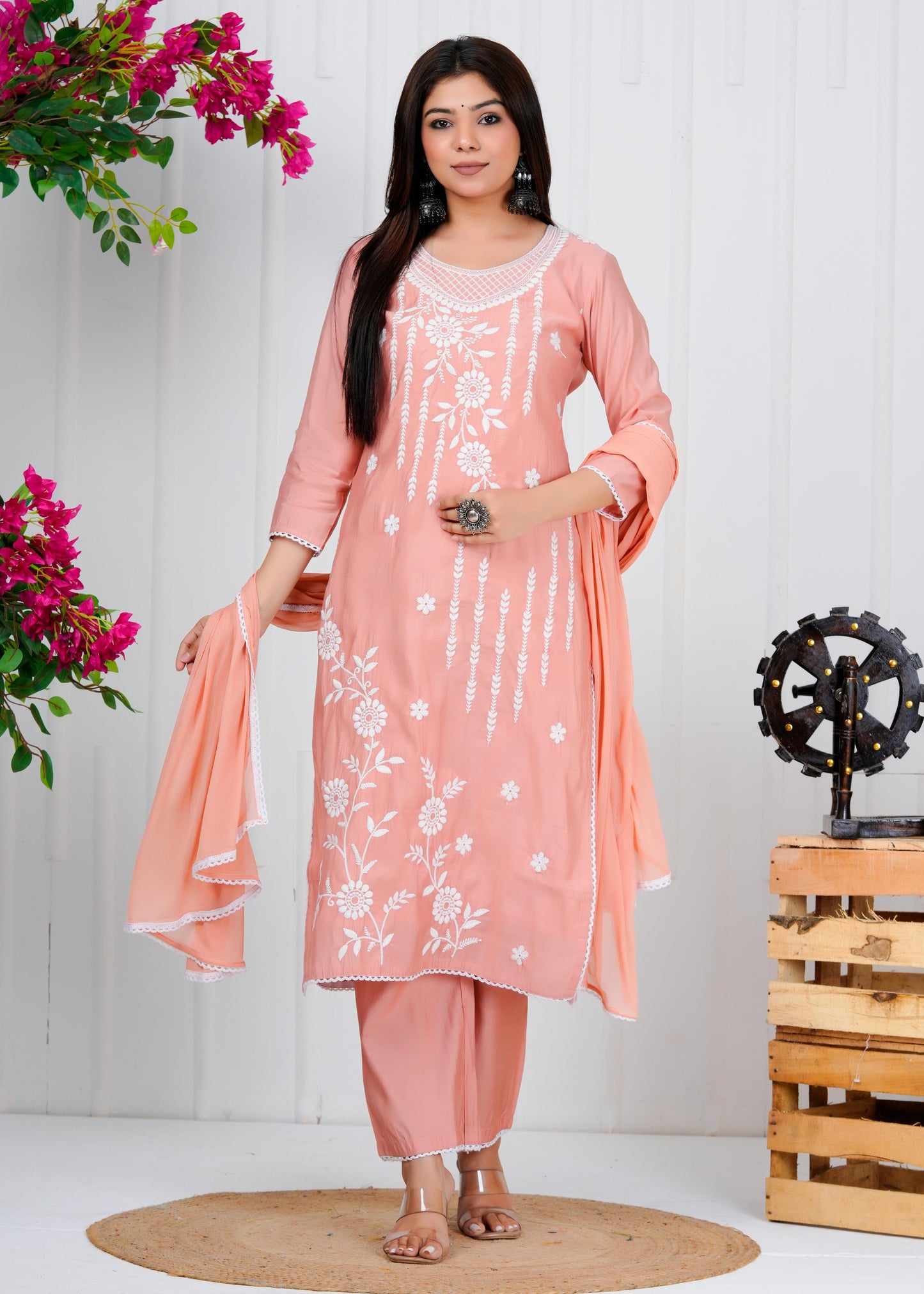 Cotton Floral Embroidered Straight Kurta Set With Dupatta