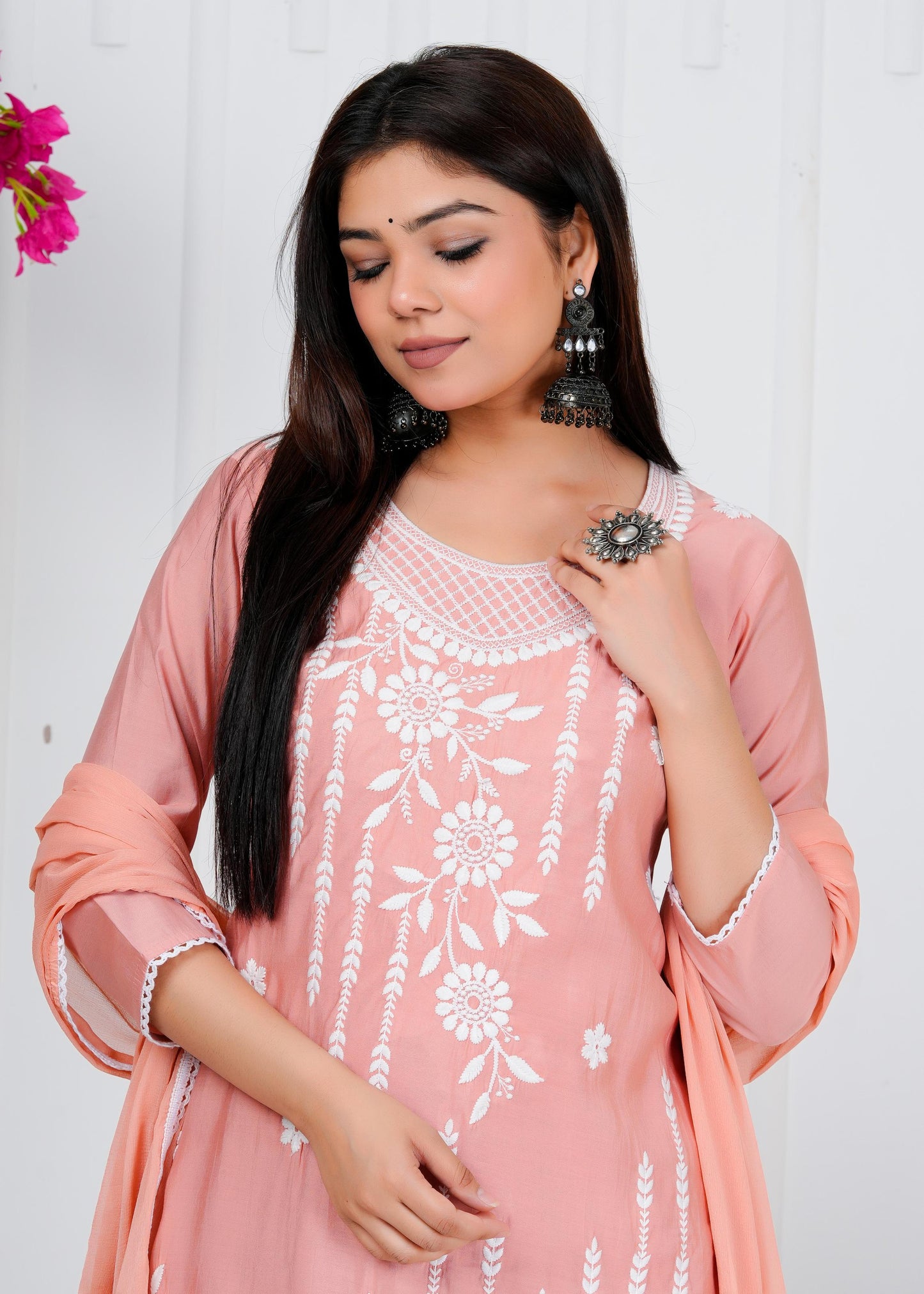 Cotton Floral Embroidered Straight Kurta Set With Dupatta