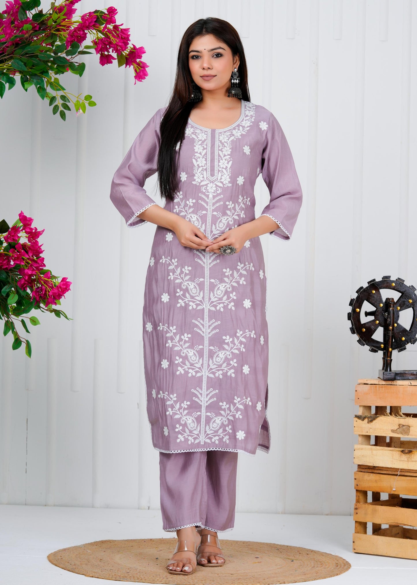 Cotton Floral Embroidered Straight Kurta Set With Dupatta