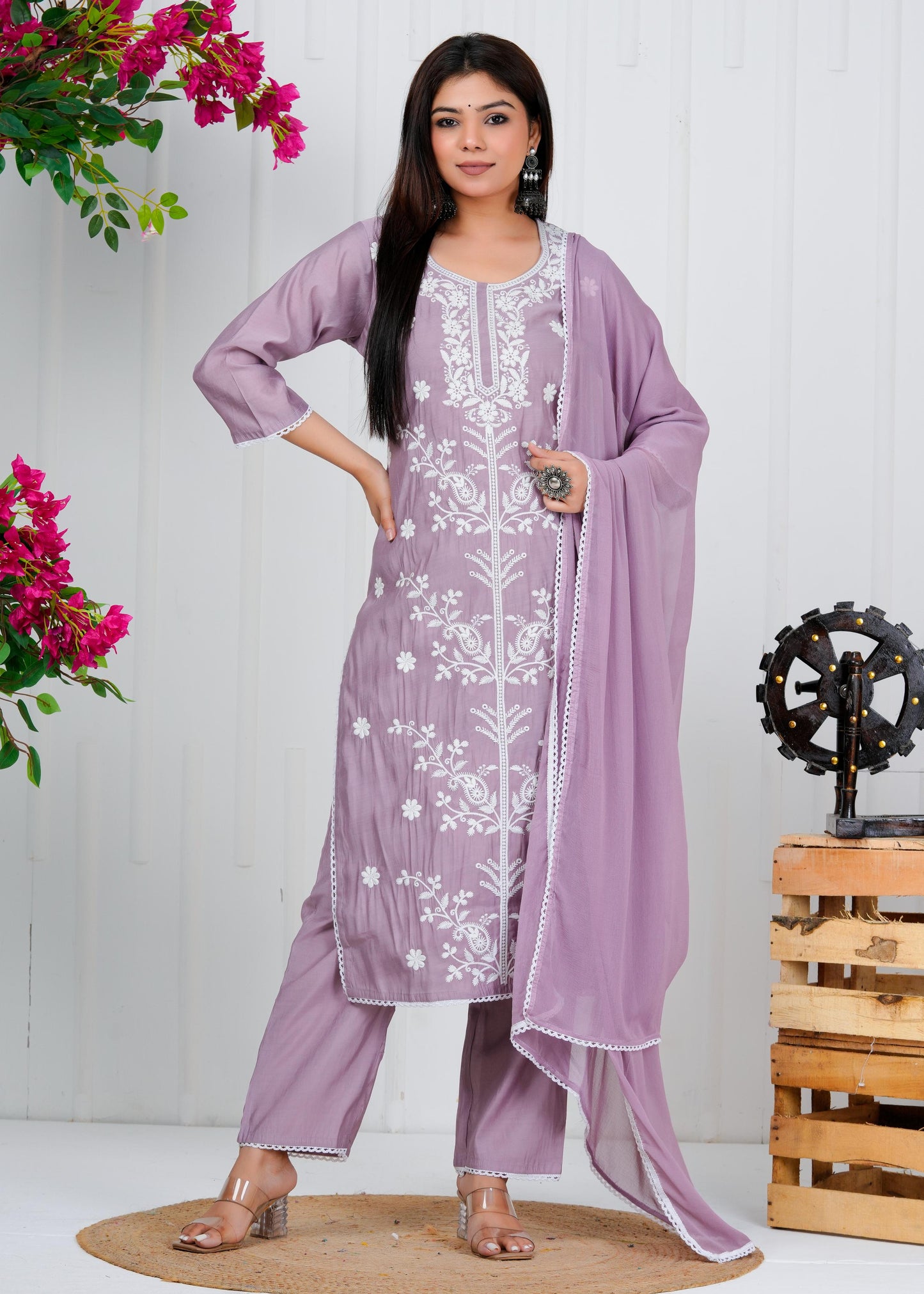 Cotton Floral Embroidered Straight Kurta Set With Dupatta