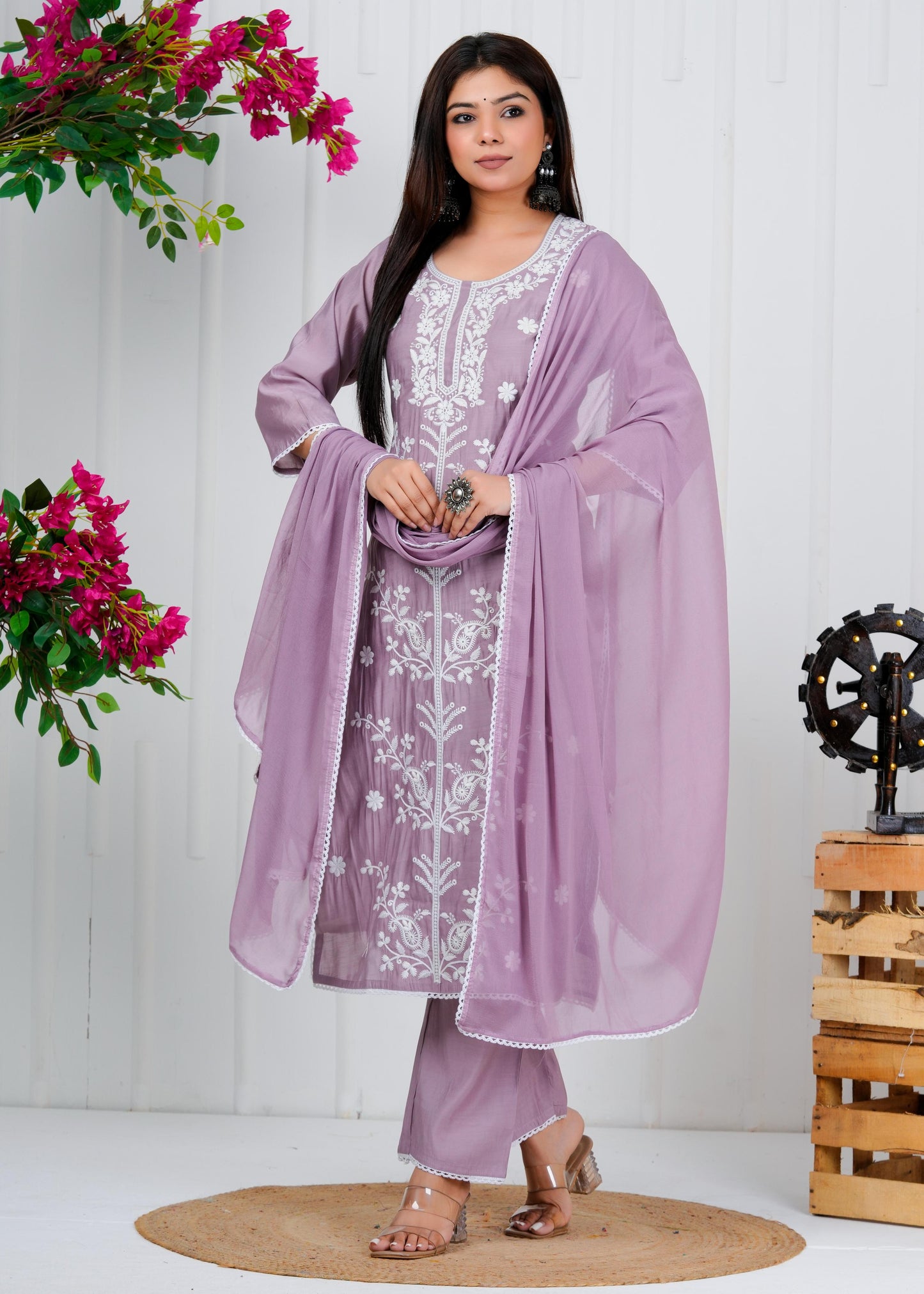 Cotton Floral Embroidered Straight Kurta Set With Dupatta