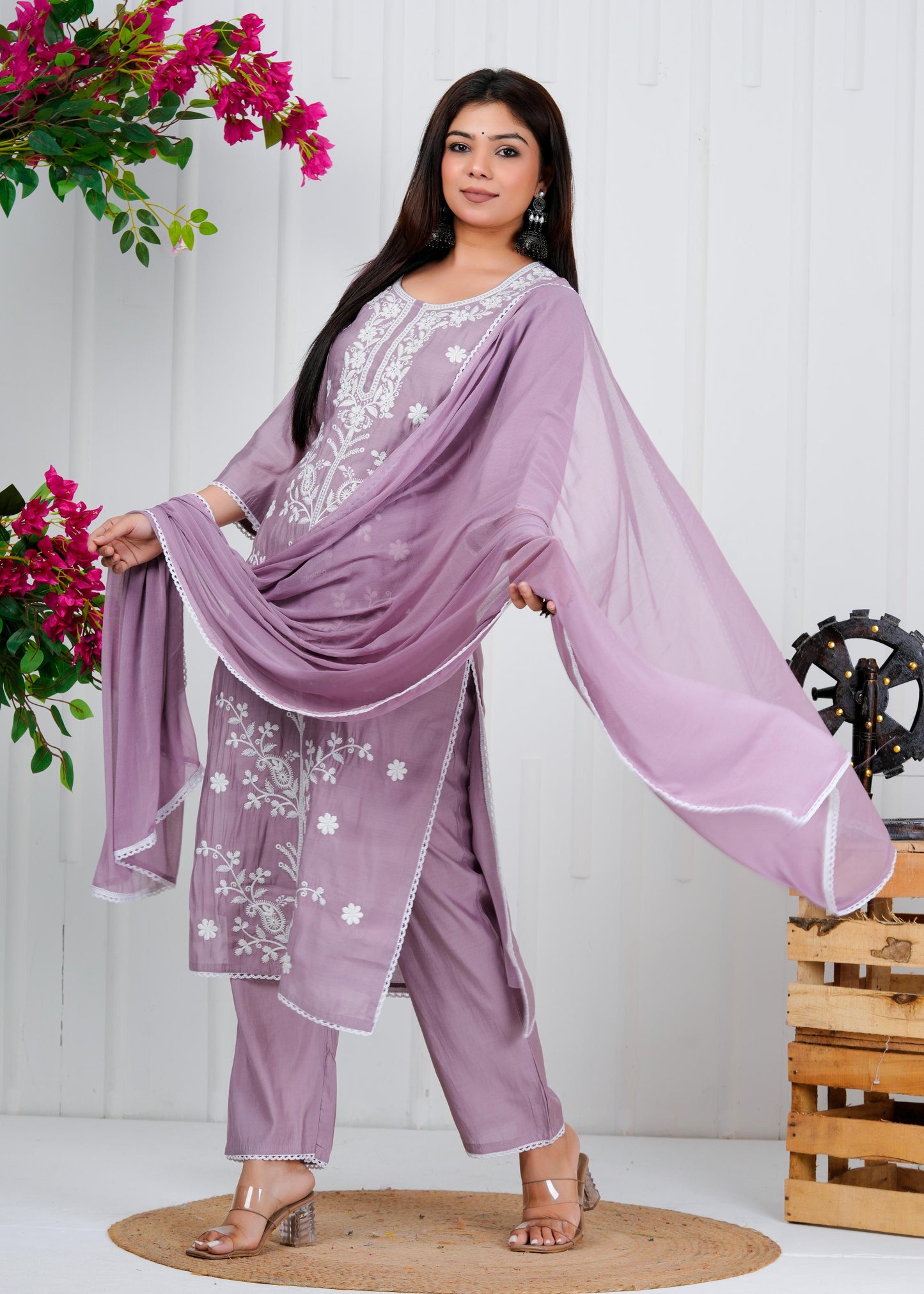 Cotton Floral Embroidered Straight Kurta Set With Dupatta