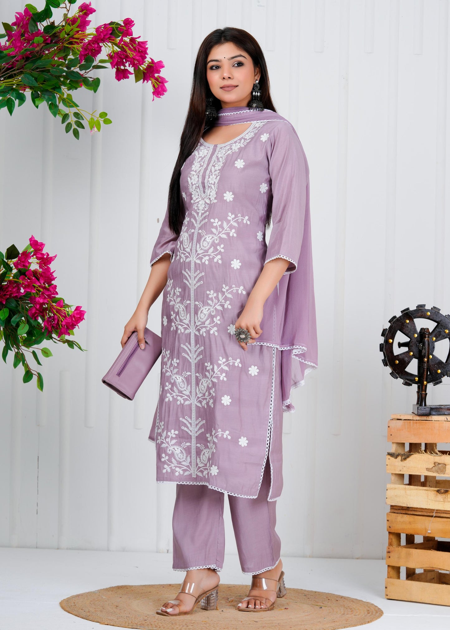Cotton Floral Embroidered Straight Kurta Set With Dupatta