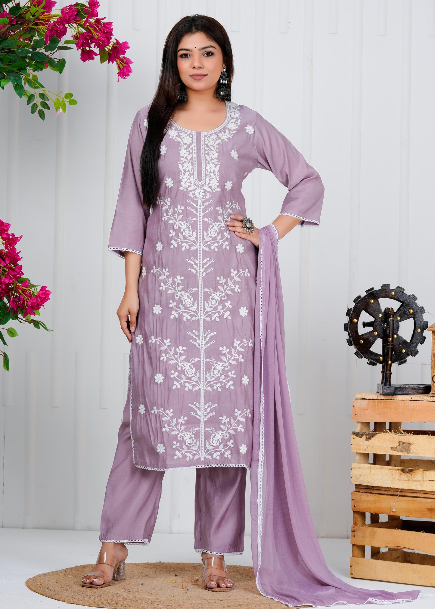 Cotton Floral Embroidered Straight Kurta Set With Dupatta