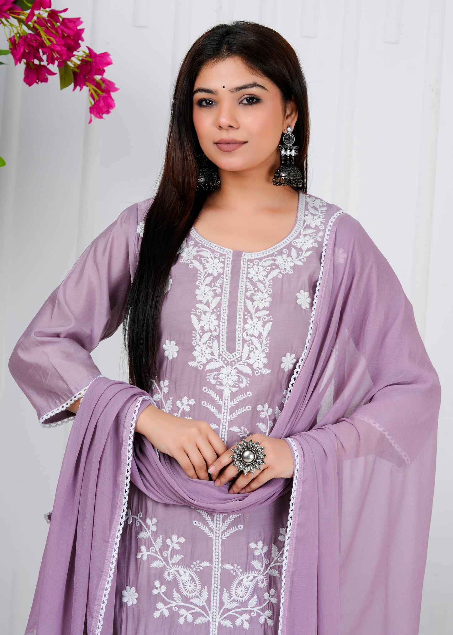 Cotton Floral Embroidered Straight Kurta Set With Dupatta