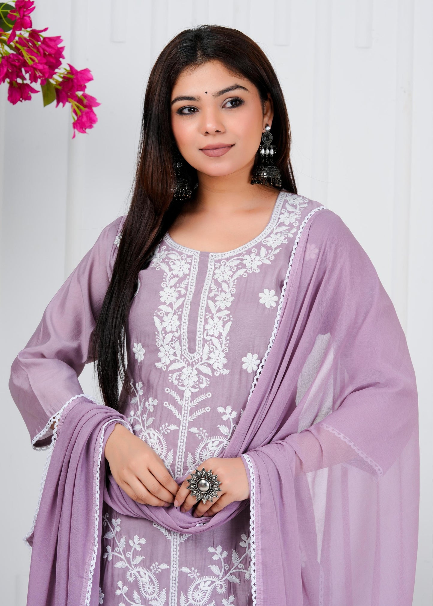 Cotton Floral Embroidered Straight Kurta Set With Dupatta