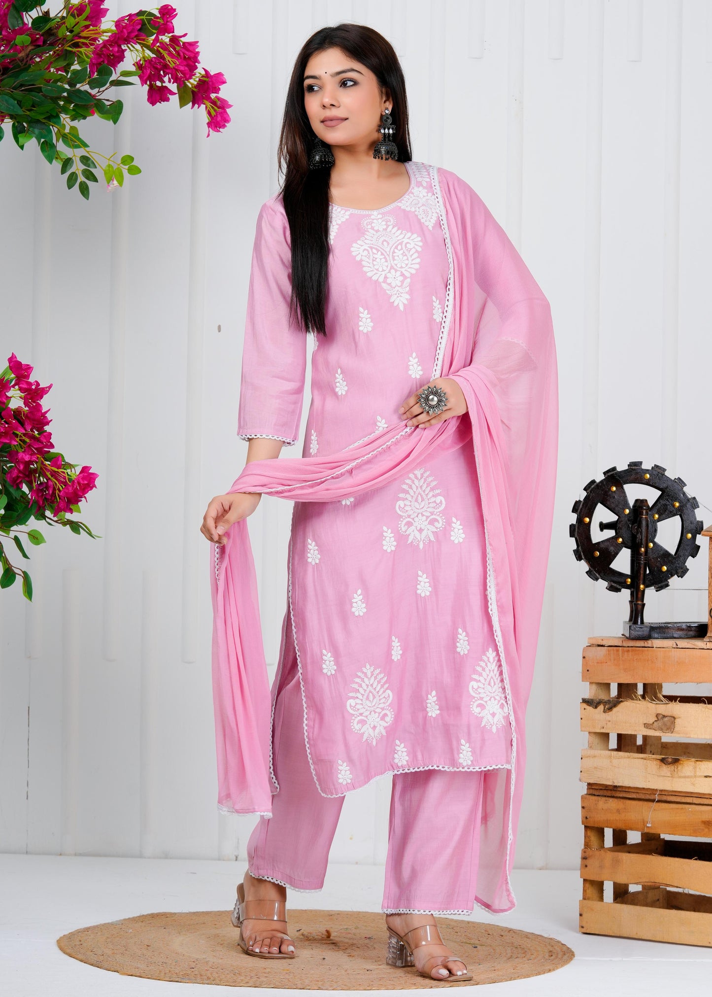 Cotton Floral Embroidered Straight Kurta Set With Dupatta