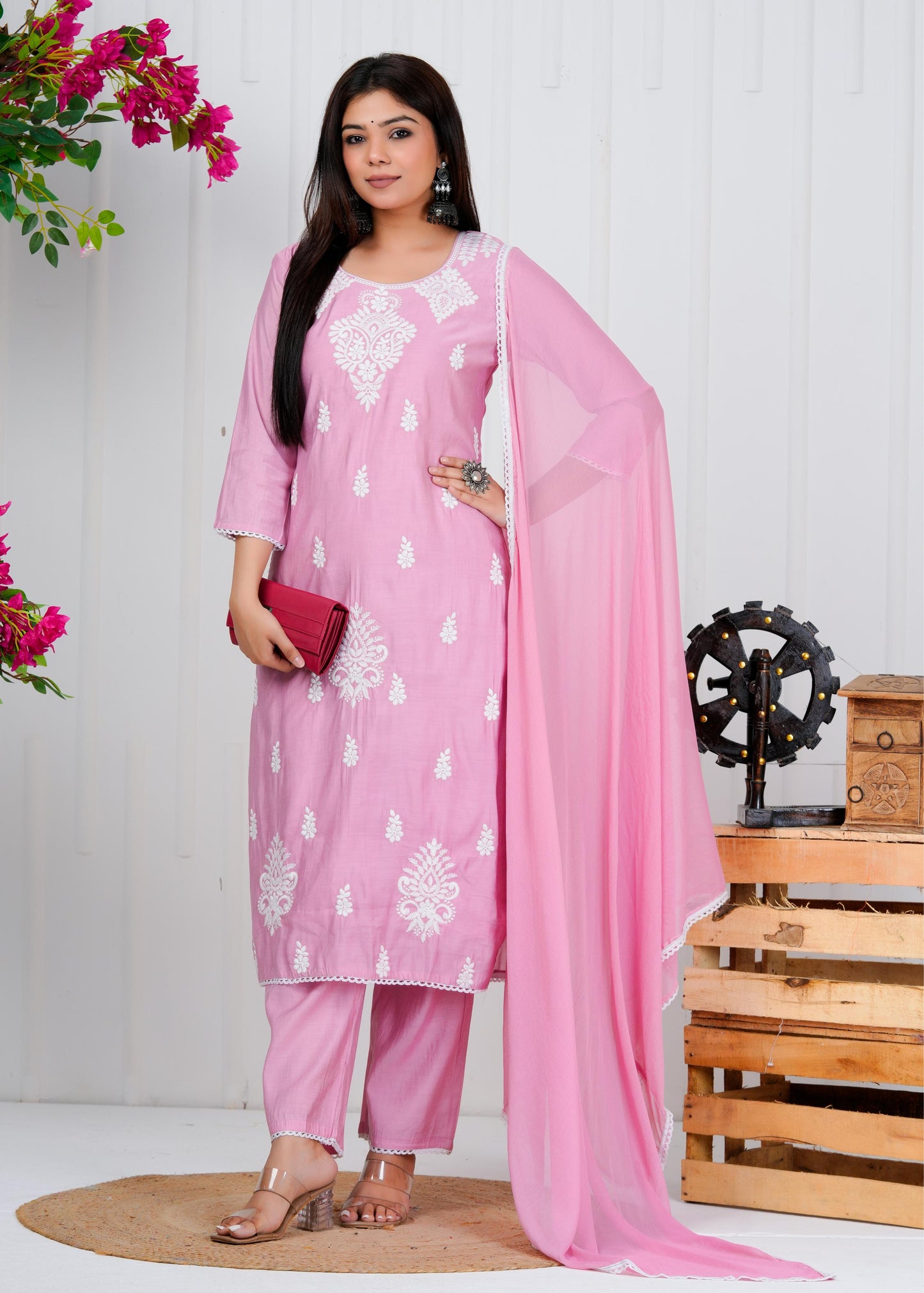 Cotton Floral Embroidered Straight Kurta Set With Dupatta