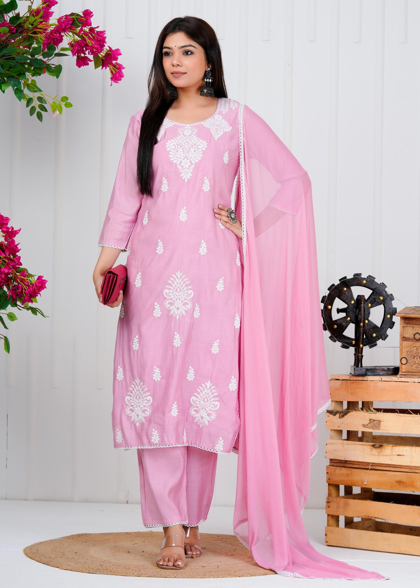 Cotton Floral Embroidered Straight Kurta Set With Dupatta