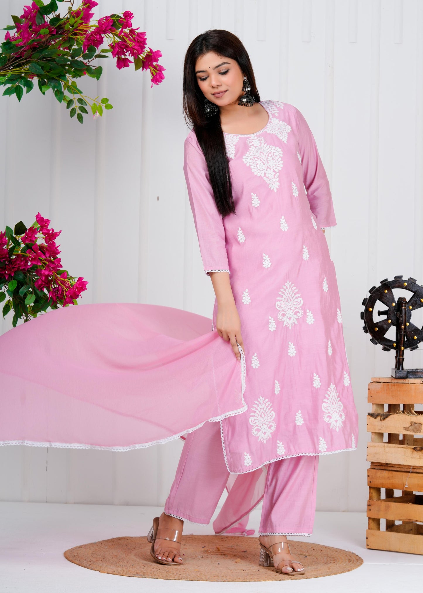 Cotton Floral Embroidered Straight Kurta Set With Dupatta