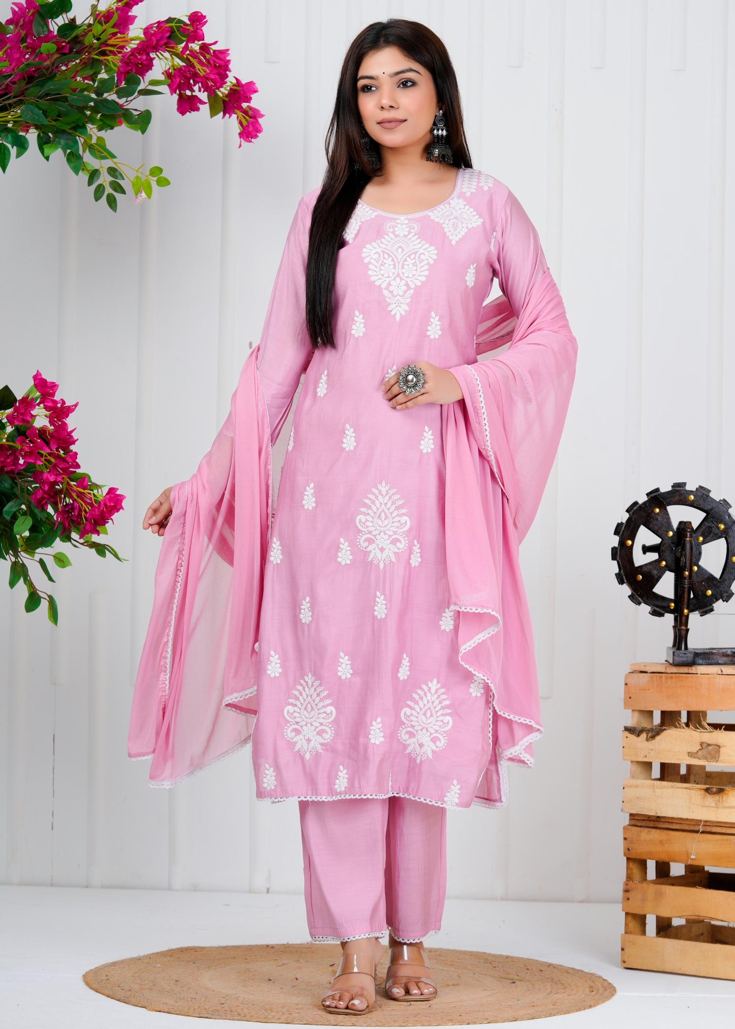 Cotton Floral Embroidered Straight Kurta Set With Dupatta
