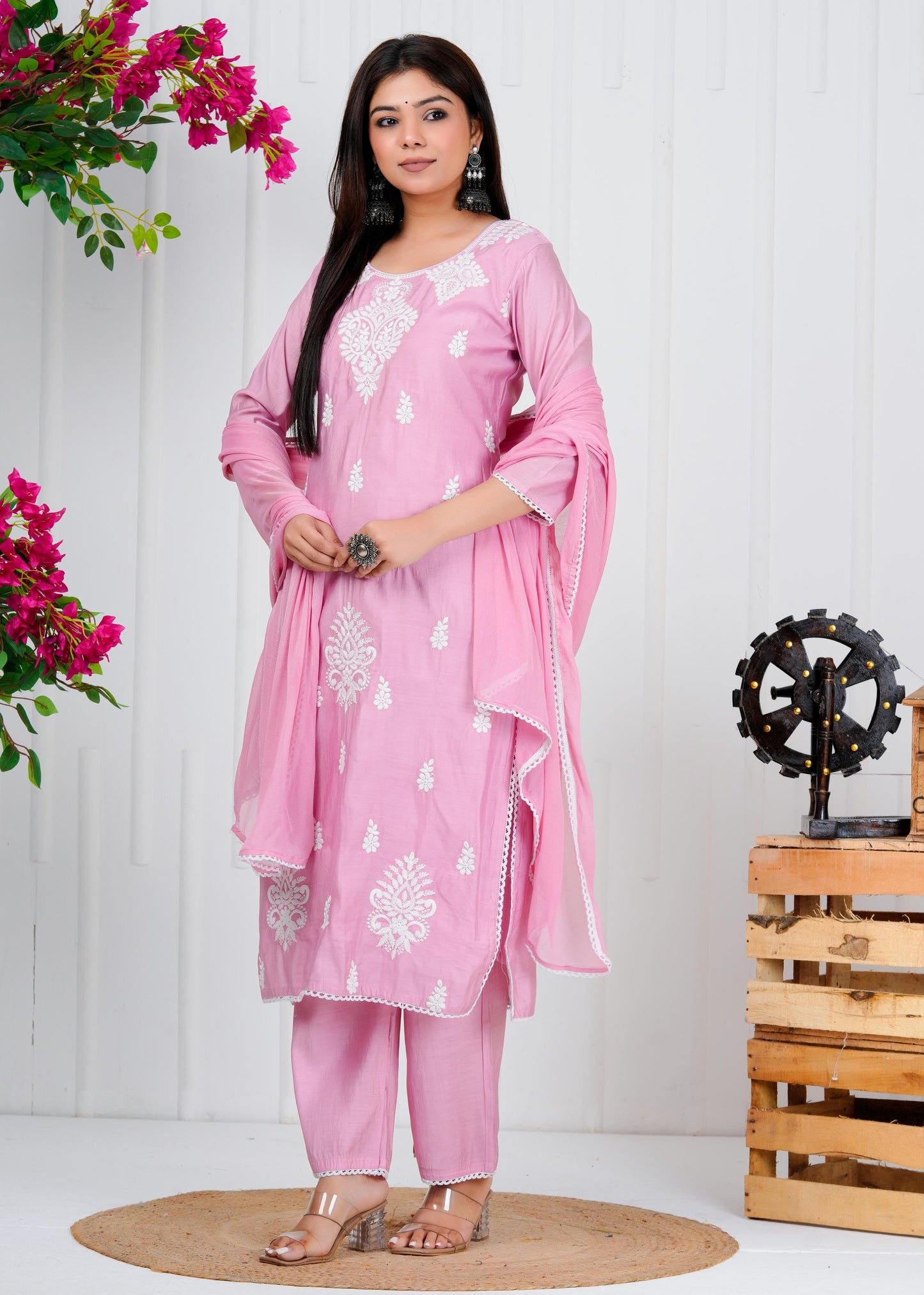 Cotton Floral Embroidered Straight Kurta Set With Dupatta