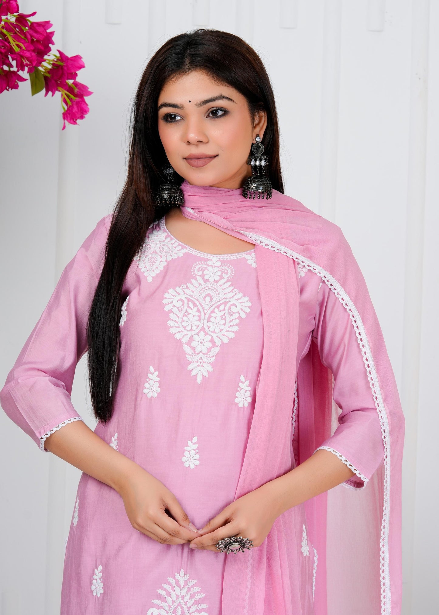 Cotton Floral Embroidered Straight Kurta Set With Dupatta