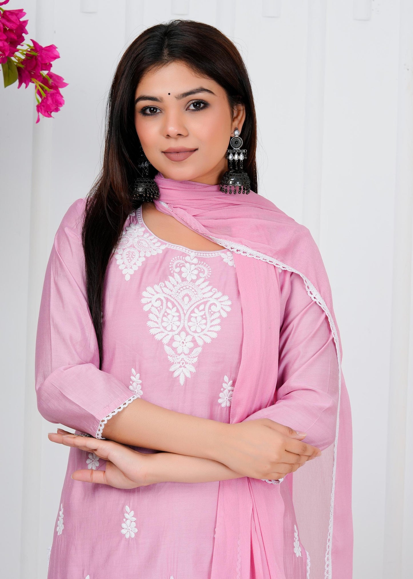 Cotton Floral Embroidered Straight Kurta Set With Dupatta