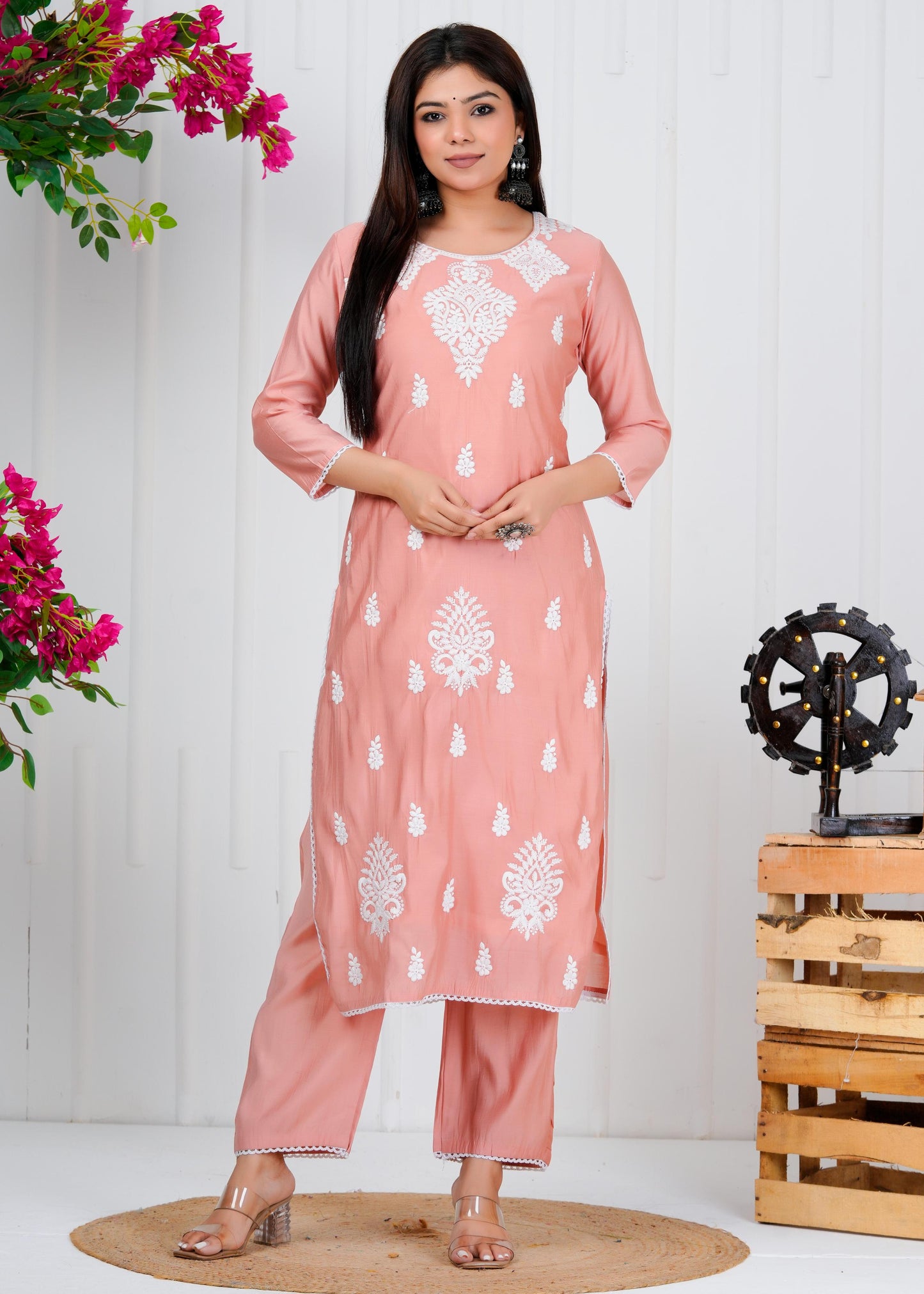 Cotton Floral Embroidered Straight Kurta Set With Dupatta