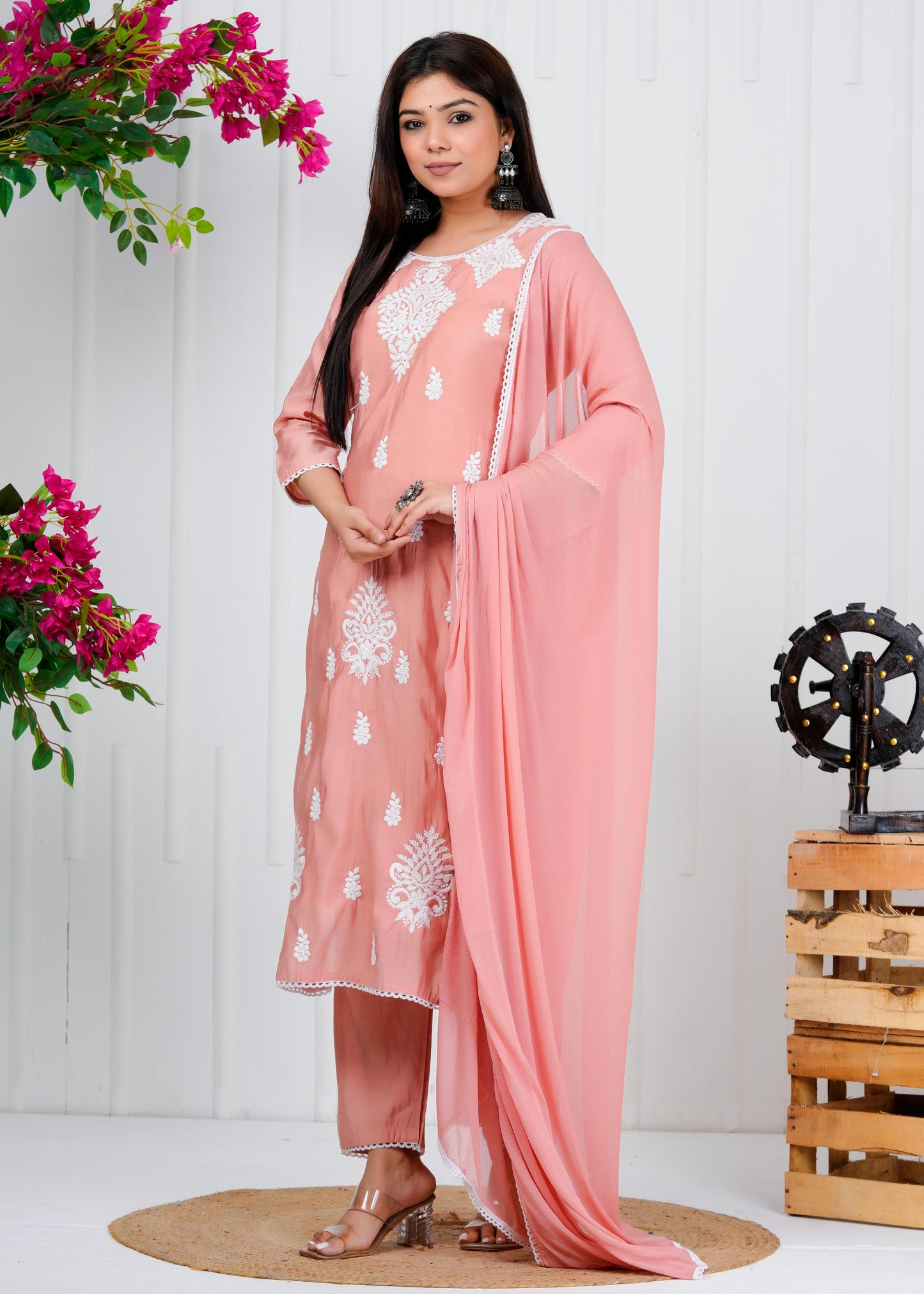 Cotton Floral Embroidered Straight Kurta Set With Dupatta