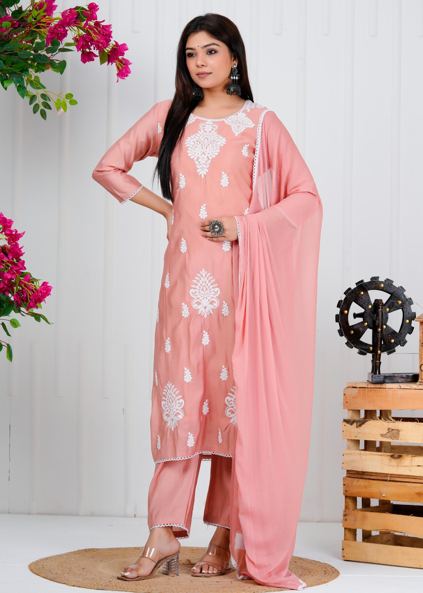 Cotton Floral Embroidered Straight Kurta Set With Dupatta