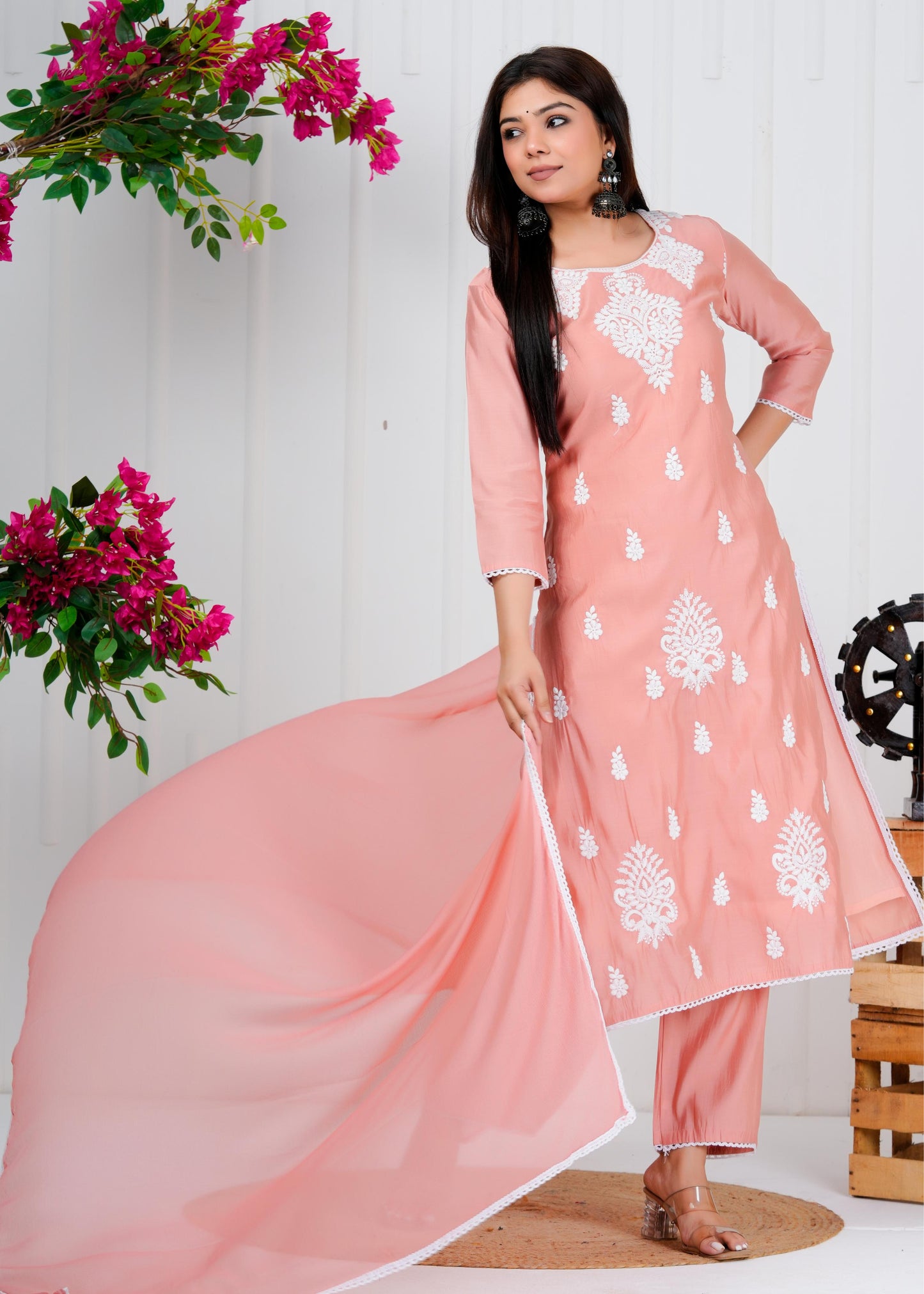 Cotton Floral Embroidered Straight Kurta Set With Dupatta