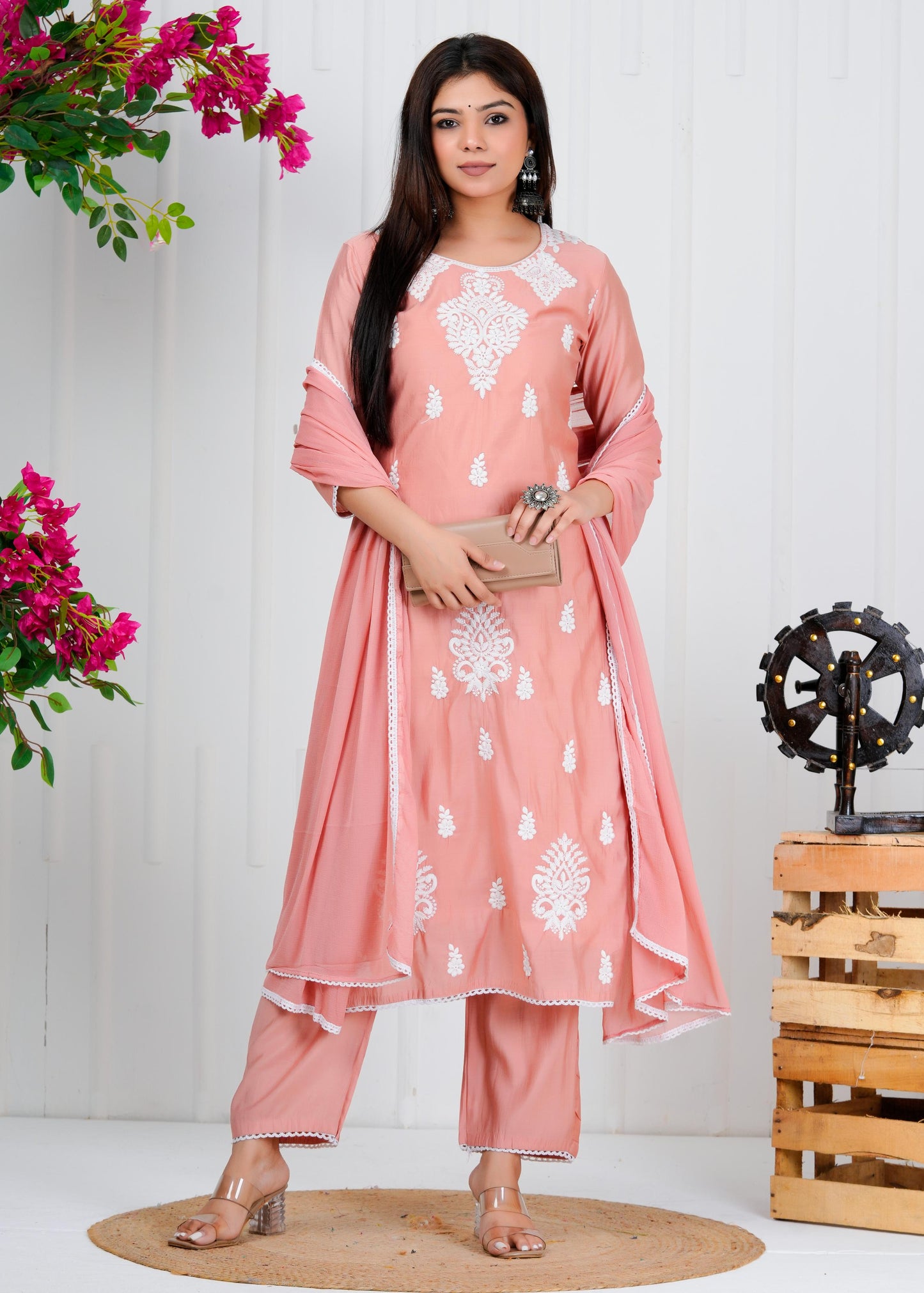 Cotton Floral Embroidered Straight Kurta Set With Dupatta