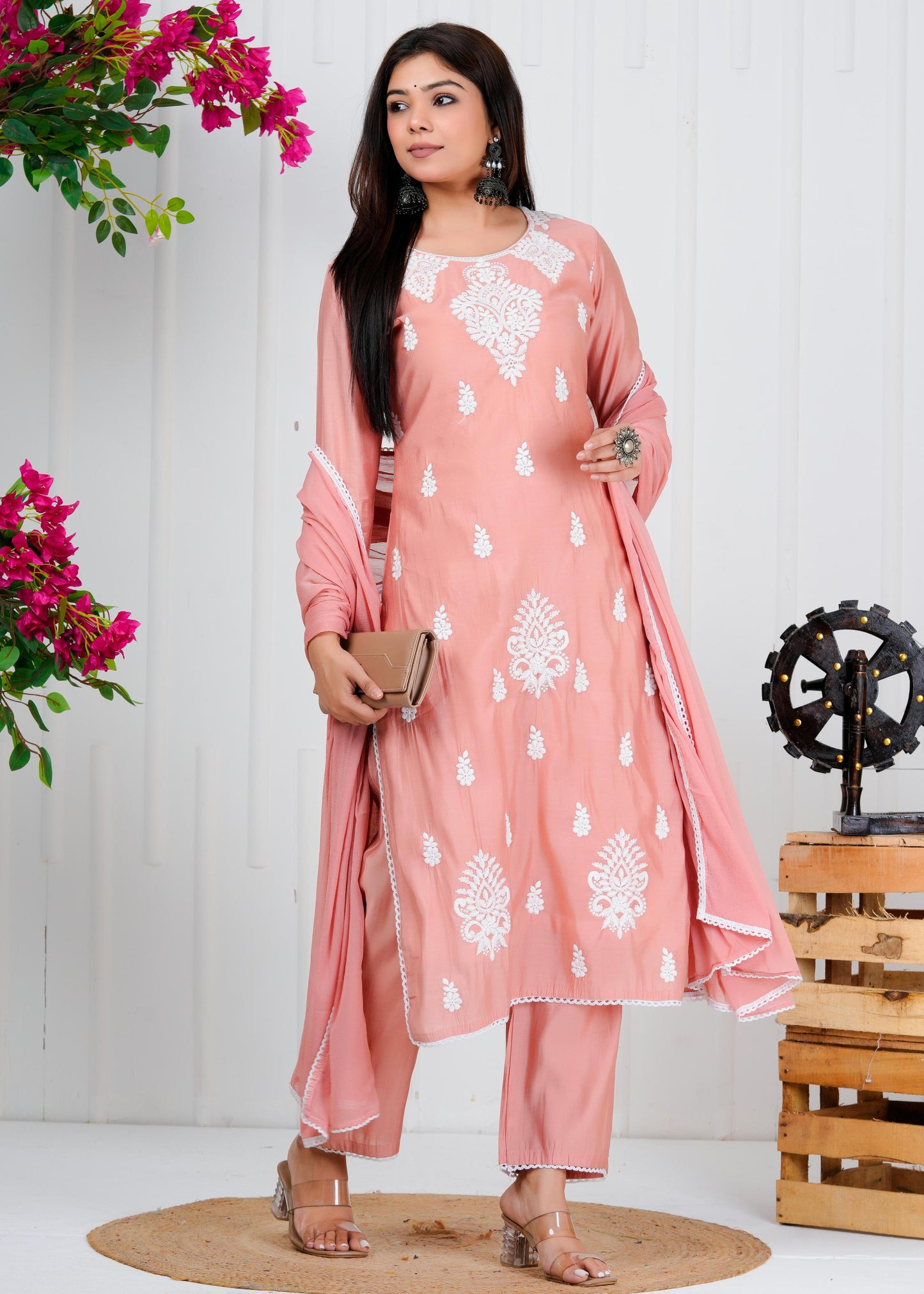 Cotton Floral Embroidered Straight Kurta Set With Dupatta