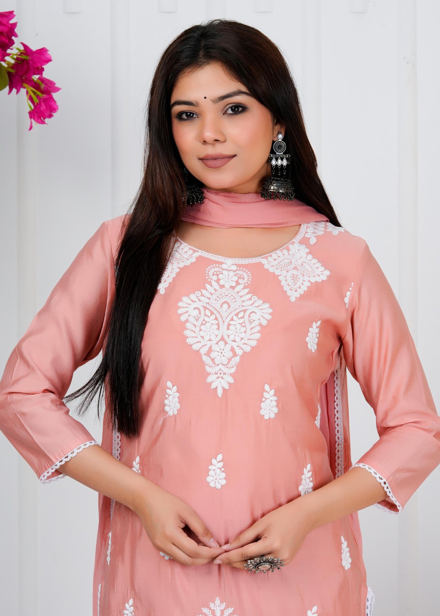 Cotton Floral Embroidered Straight Kurta Set With Dupatta