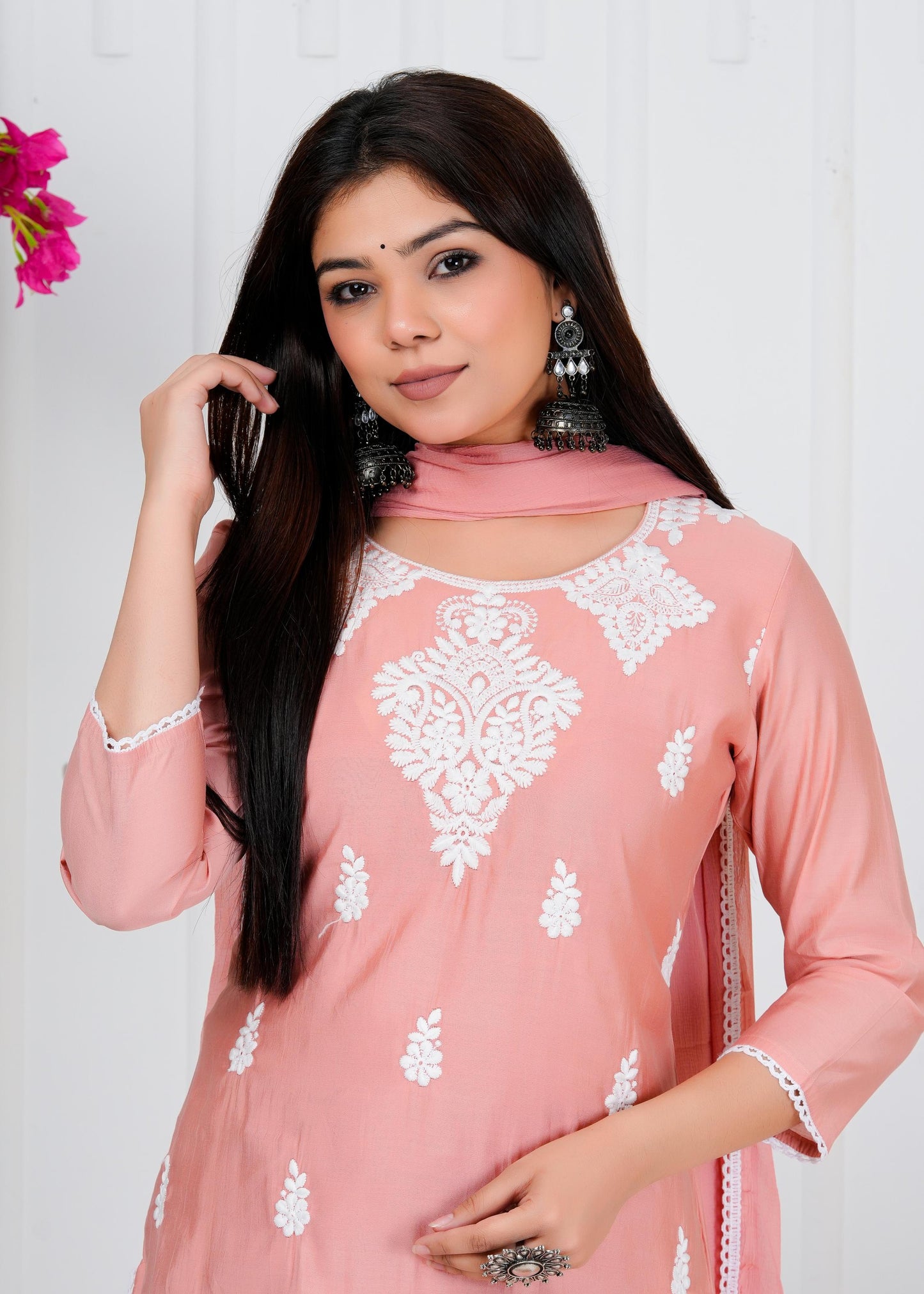 Cotton Floral Embroidered Straight Kurta Set With Dupatta