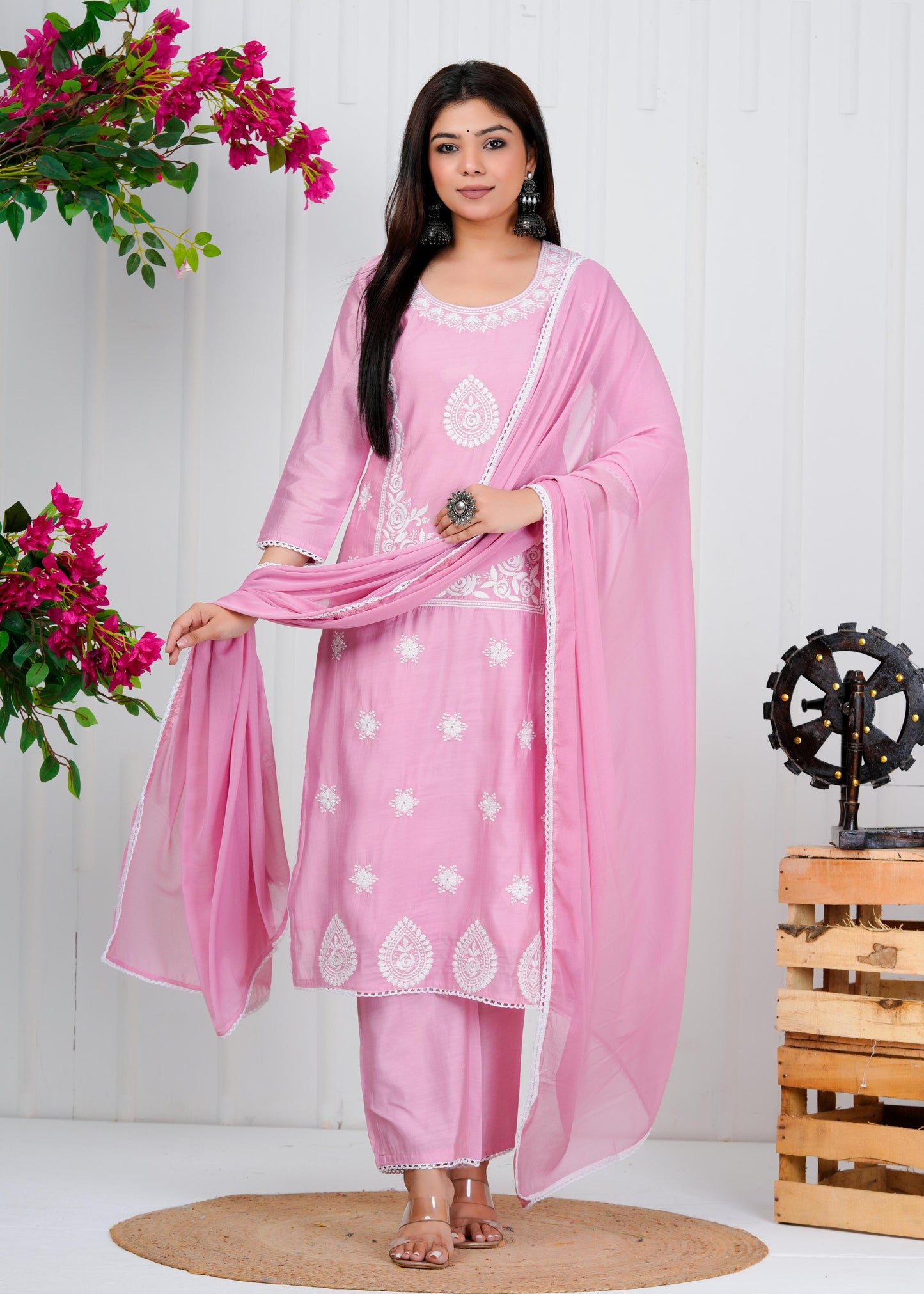 Cotton Floral Embroidered Straight Kurta Set With Dupatta