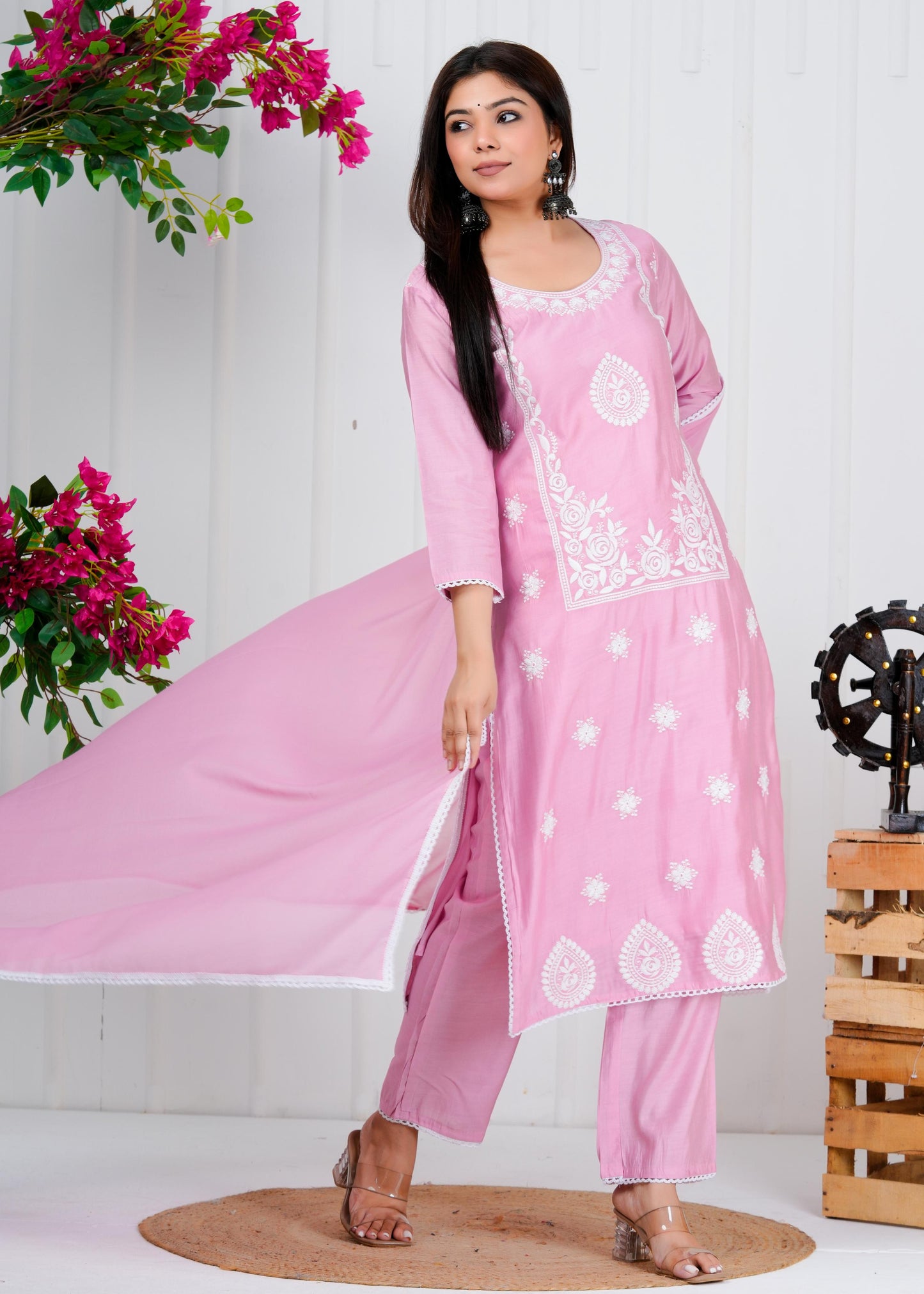 Cotton Floral Embroidered Straight Kurta Set With Dupatta