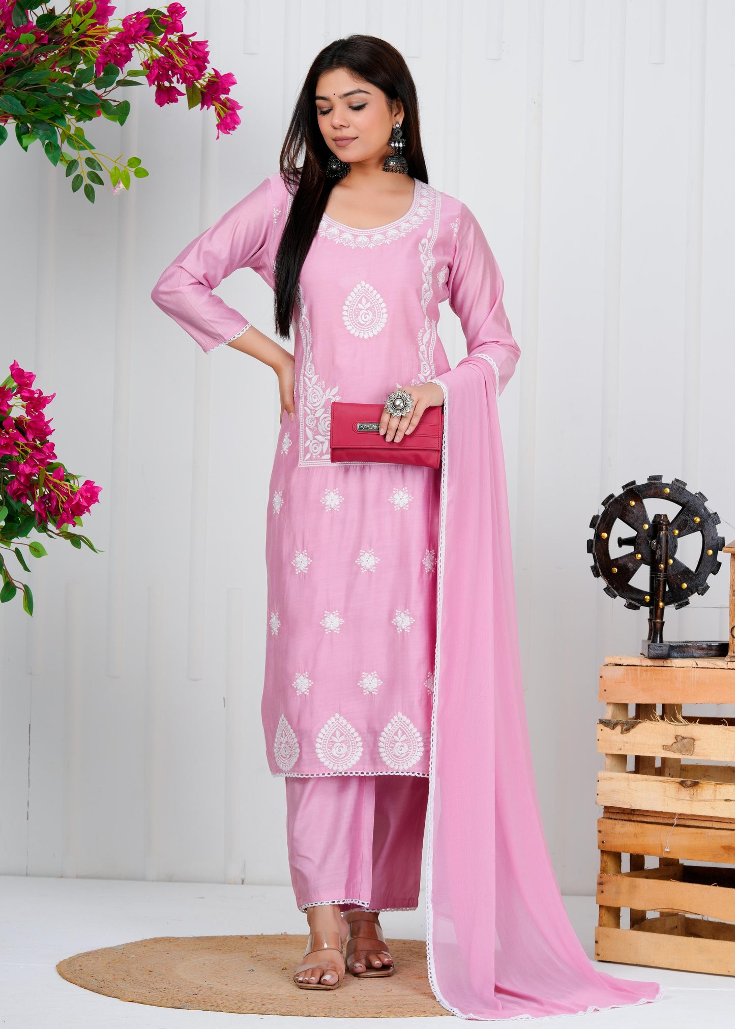 Cotton Floral Embroidered Straight Kurta Set With Dupatta
