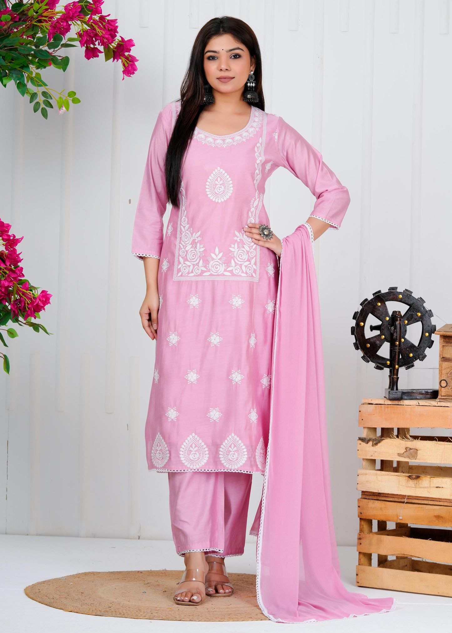 Cotton Floral Embroidered Straight Kurta Set With Dupatta