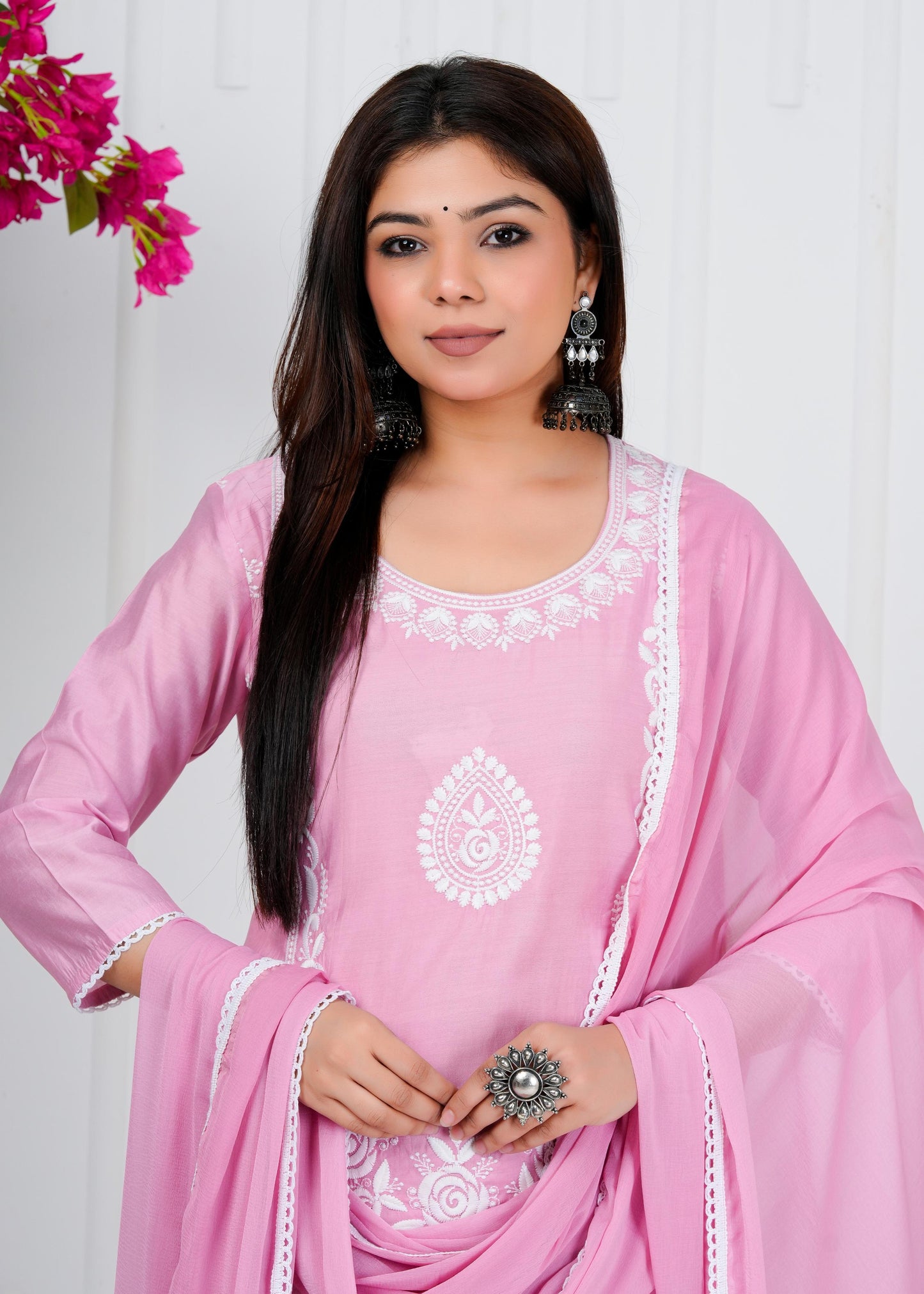 Cotton Floral Embroidered Straight Kurta Set With Dupatta