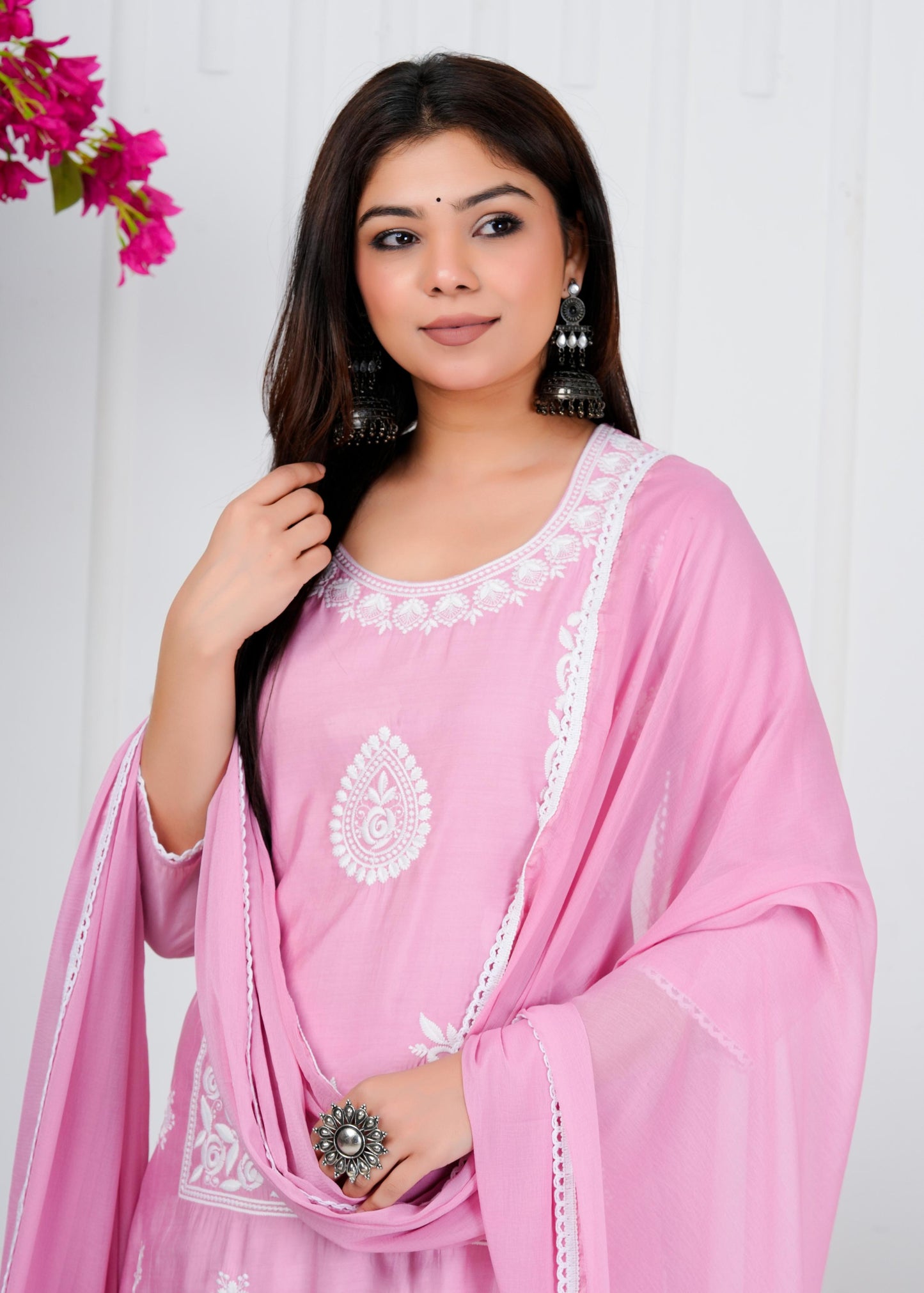 Cotton Floral Embroidered Straight Kurta Set With Dupatta