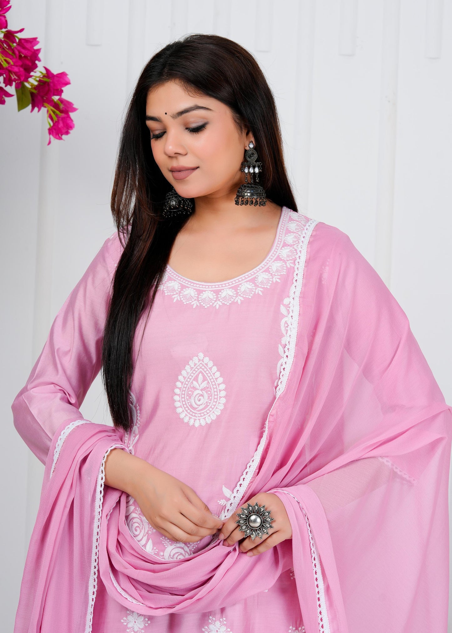 Cotton Floral Embroidered Straight Kurta Set With Dupatta