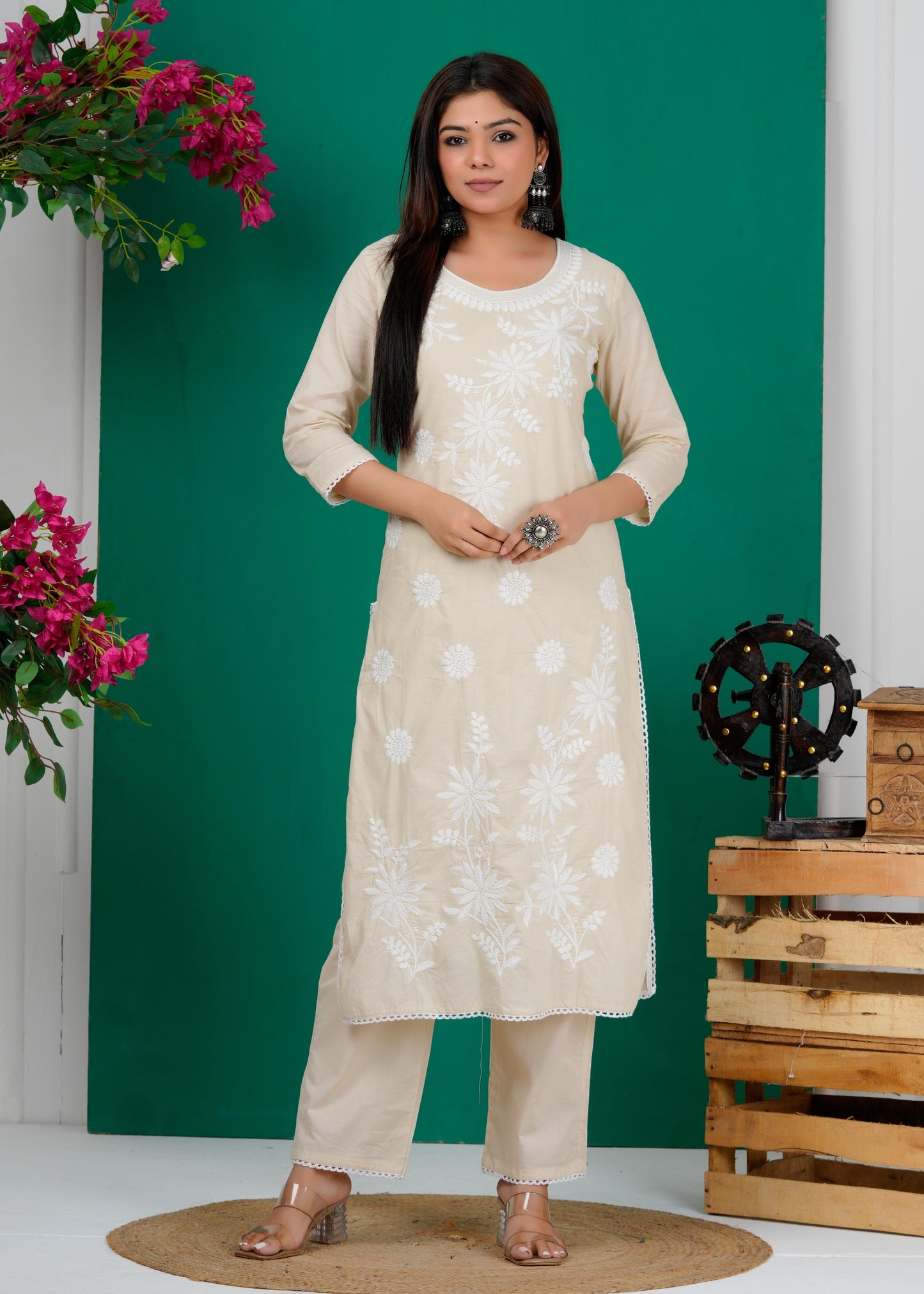 Cotton Floral Embroidered Straight Kurta Set With Dupatta