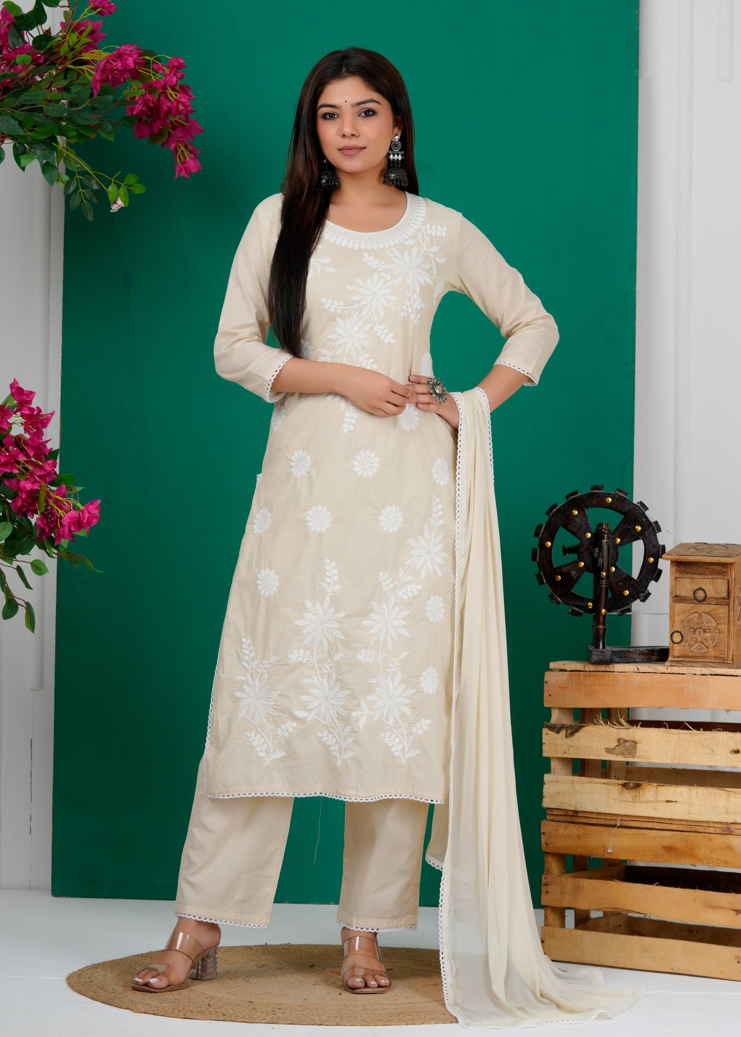 Cotton Floral Embroidered Straight Kurta Set With Dupatta