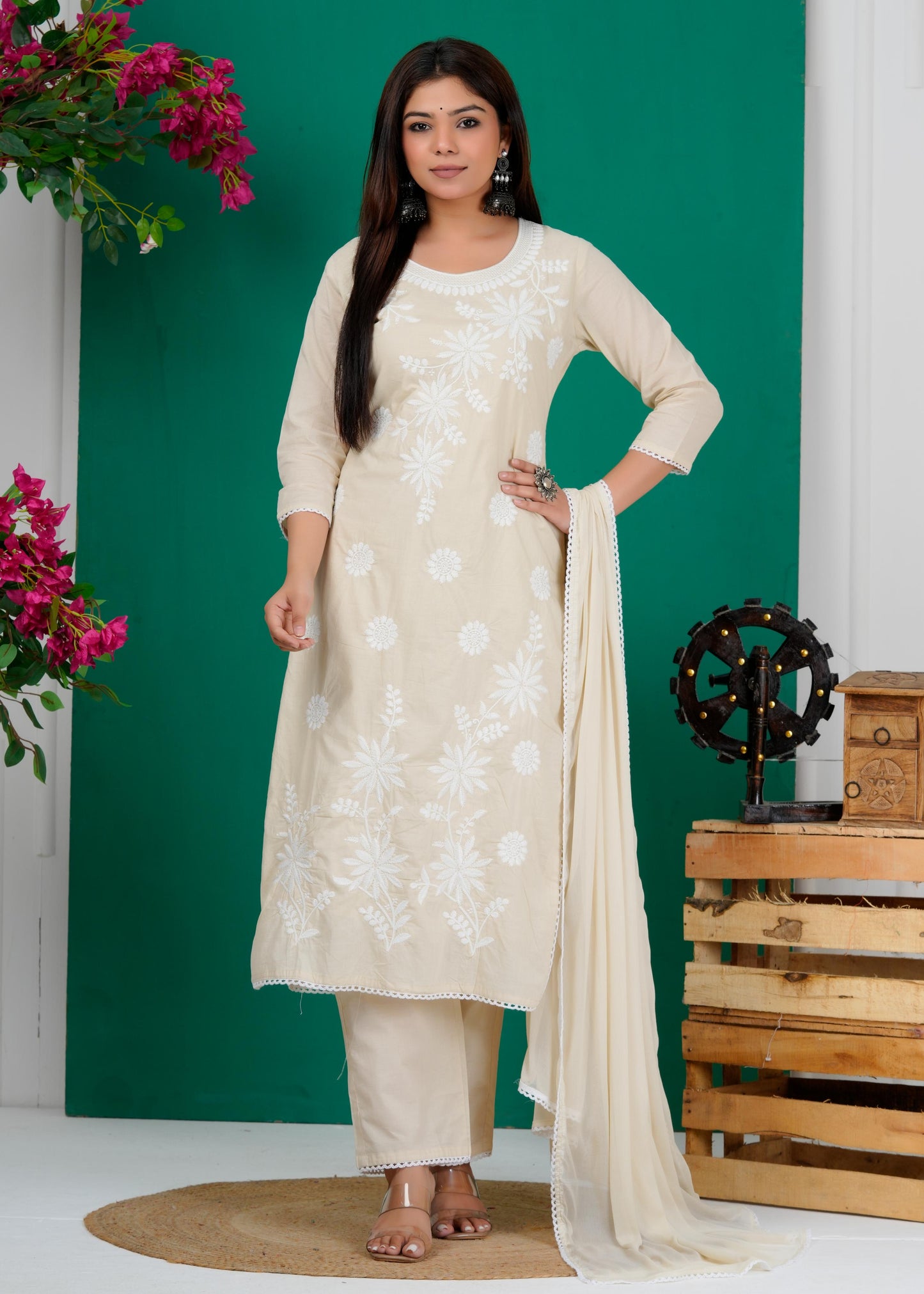 Cotton Floral Embroidered Straight Kurta Set With Dupatta