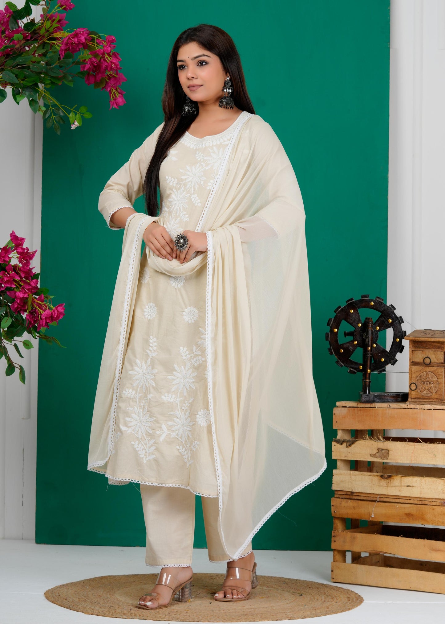 Cotton Floral Embroidered Straight Kurta Set With Dupatta